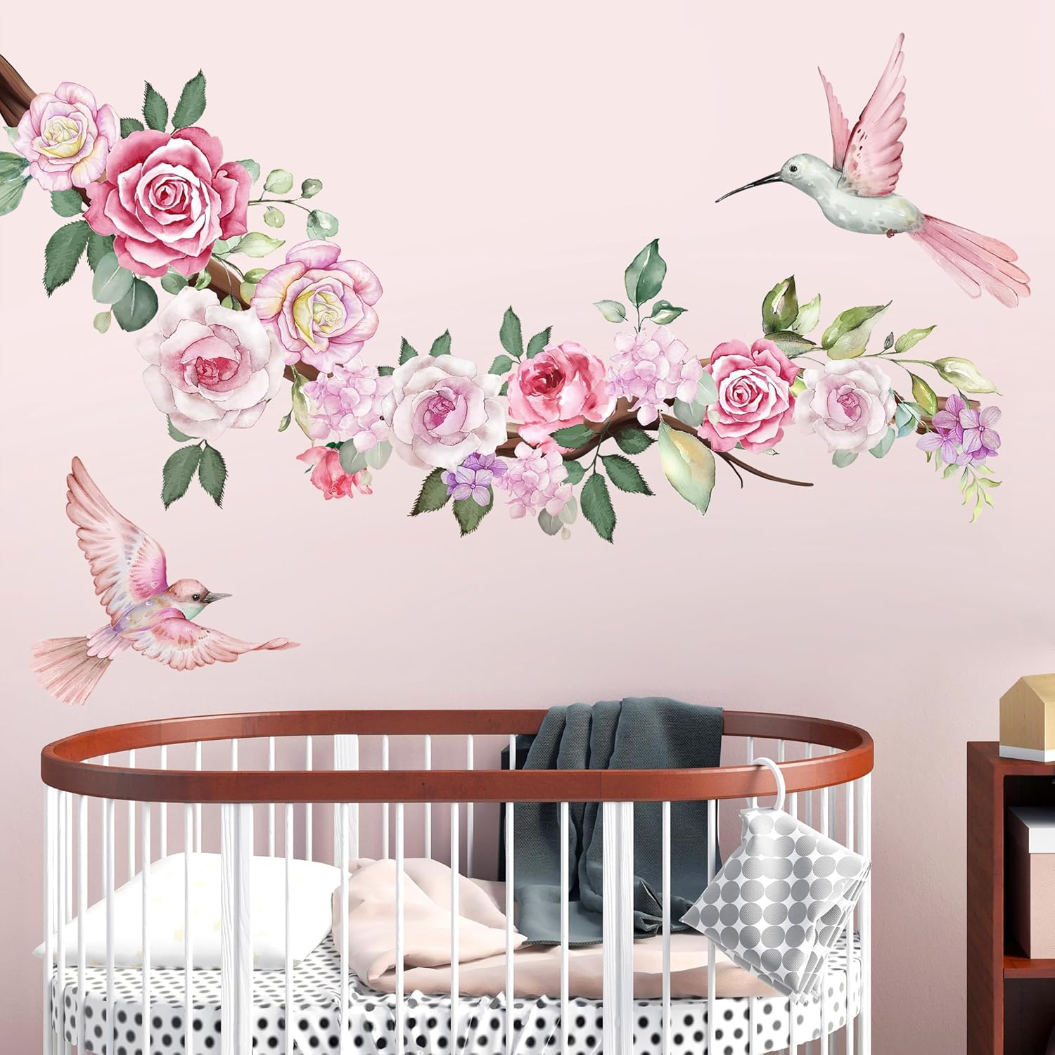 DRWSSR 2 hojas de calcomanías de pared de flores de peonía de acuarela, calcomanías de pared florales de colibríes rosados, calcomanías de pared de