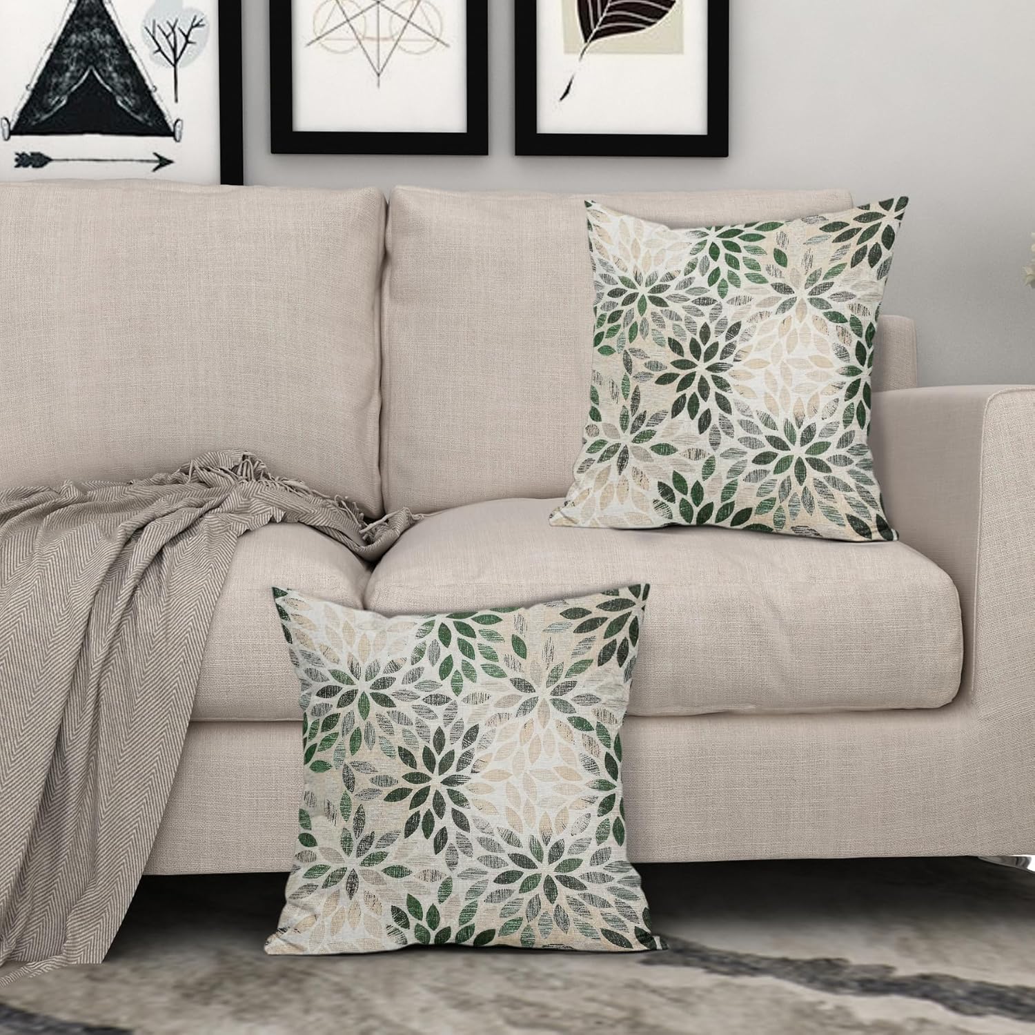 Juego de 2 fundas de almohada de dalia verde de 18 x 18 pulgadas, fundas de almohada cuadradas decorativas de flores geométricas rústicas, fundas de