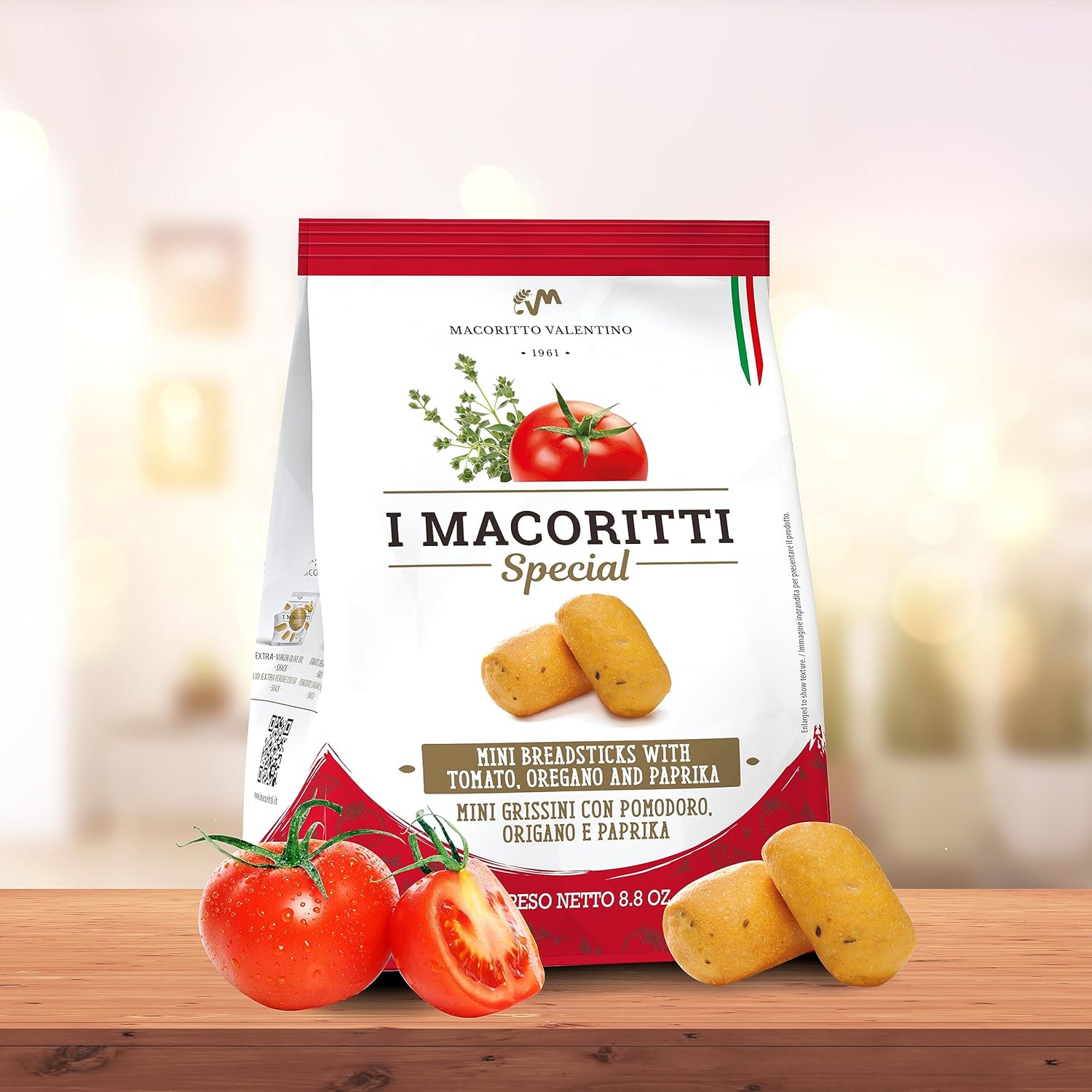 I Macoritti Mini palitos de pan crujientes, auténticos palitos de pan italiano Grissini, sabor a tomate, orégano y pimentón, 8.82 onzas