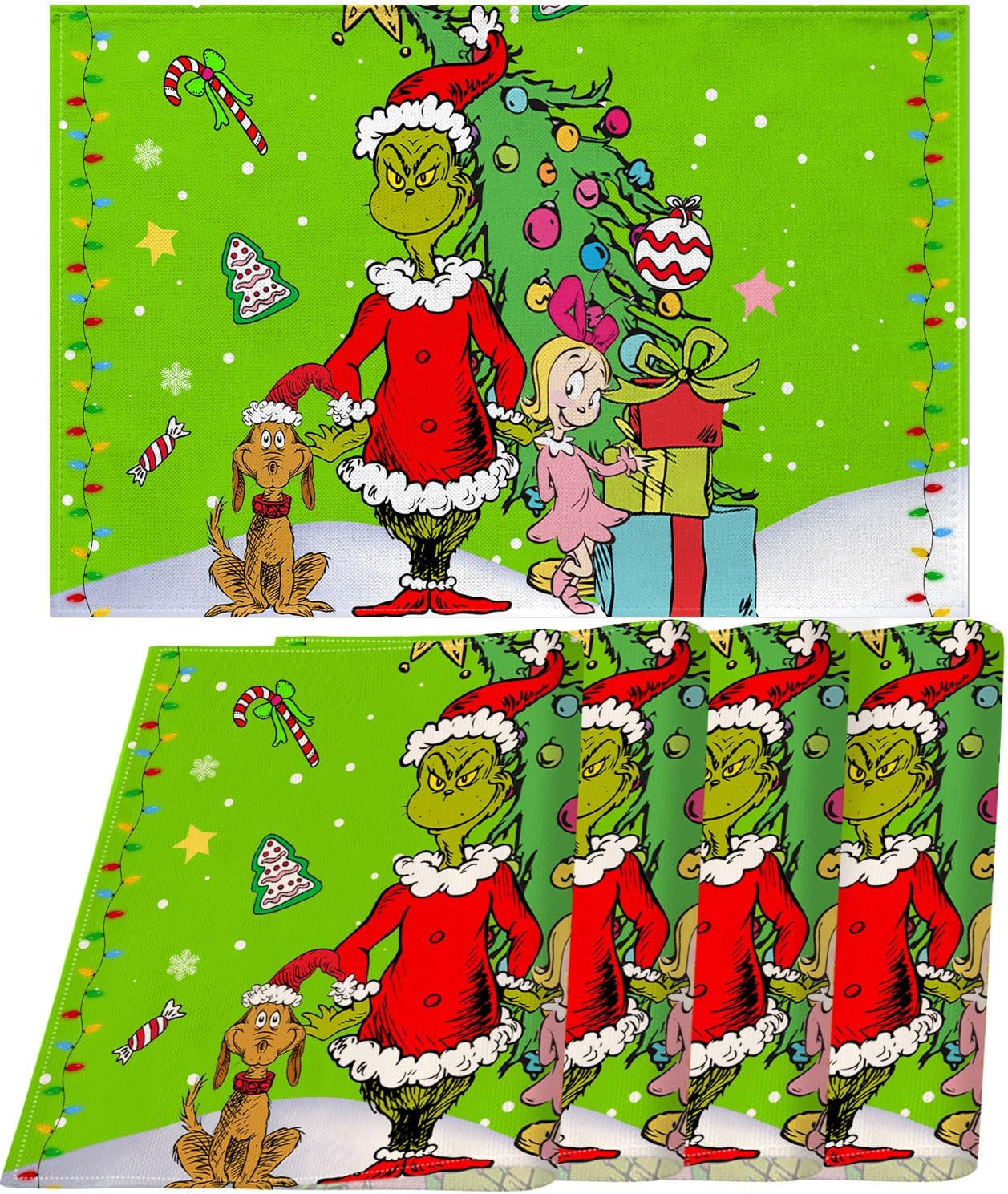 Nepnuser Juego de 4 manteles individuales con texto en inglés Merry Christmas de Whoville Grinchmas, Navidad, invierno, vacaciones, fiestas