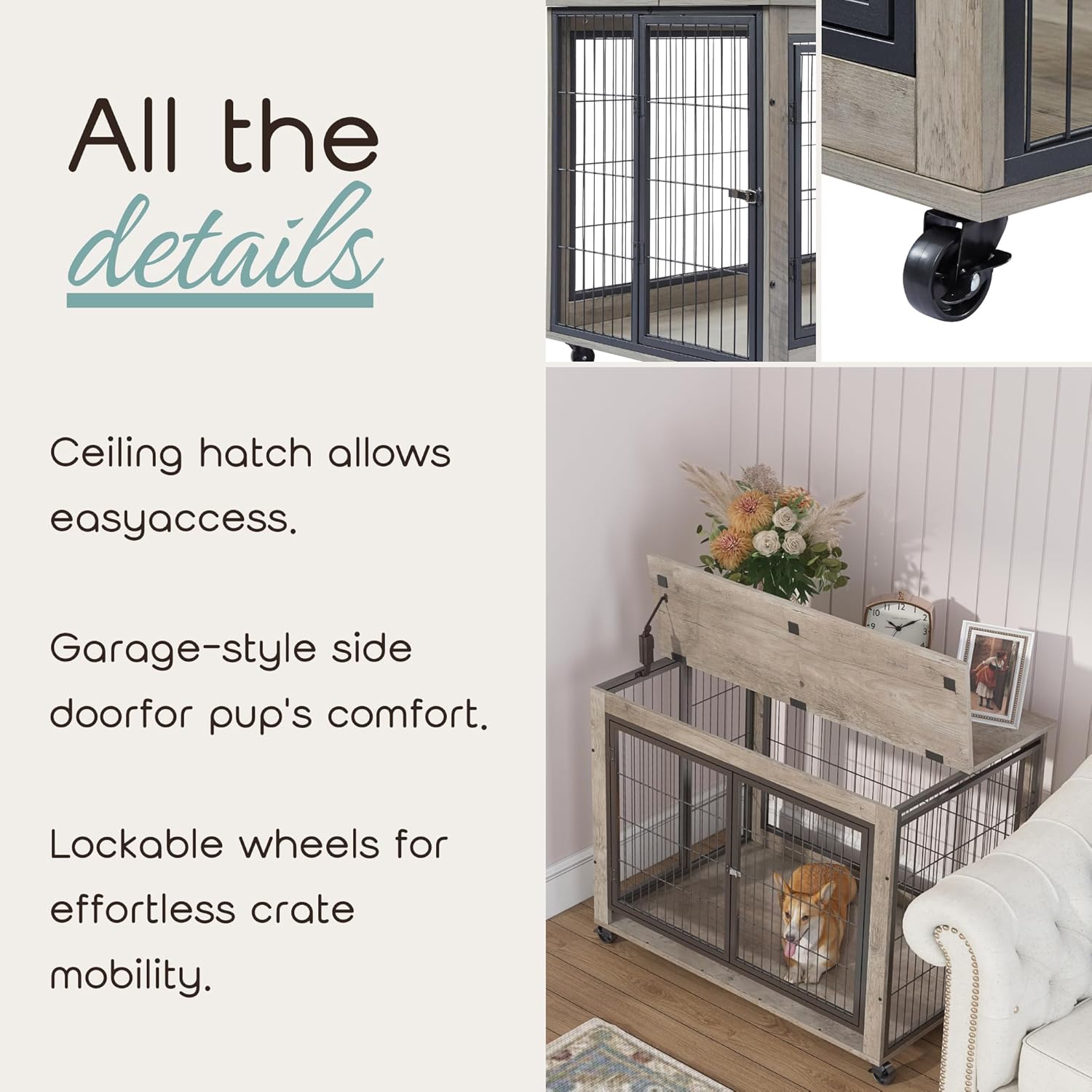 Dossmbola Muebles de jaula para perros, mesa auxiliar de jaula para perros de 43.7 pulgadas, perrera con 3 puertas, apertura superior abatible y
