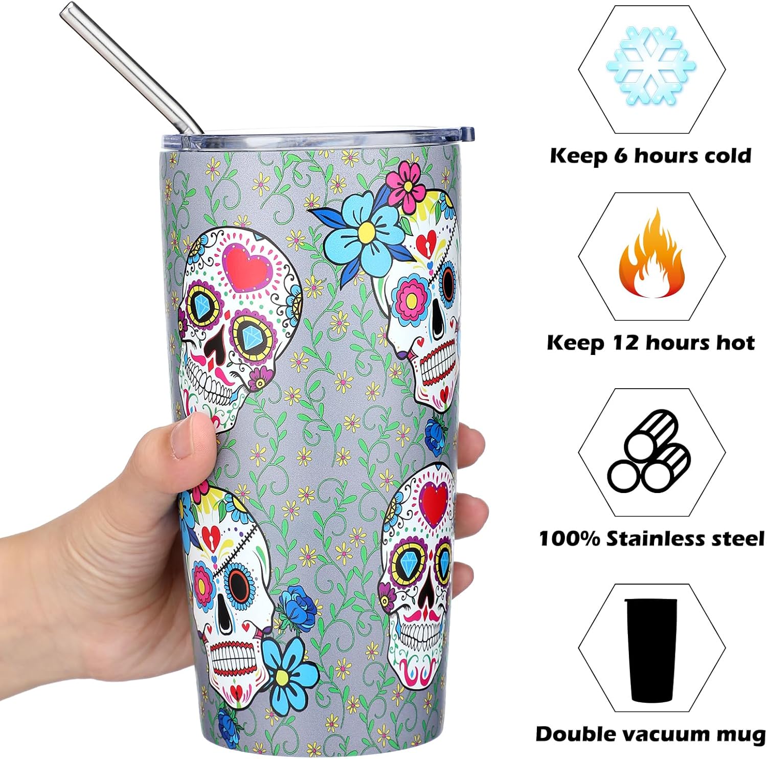 4 vasos de café de calavera de azúcar con tapas y pajitas, tazas de calaveras de 20 onzas, tazas de acero inoxidable con aislamiento al vacío, tazas