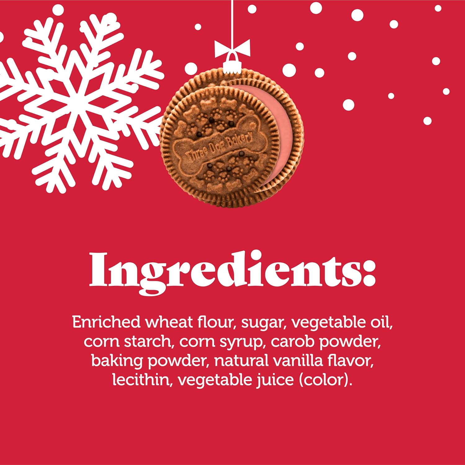 Three Dog Bakery Lick’n Crunch! Galletas de sándwich navideñas, sabor a algarroba y crema roja, golosinas prémium para perros, 13 onzas cada una