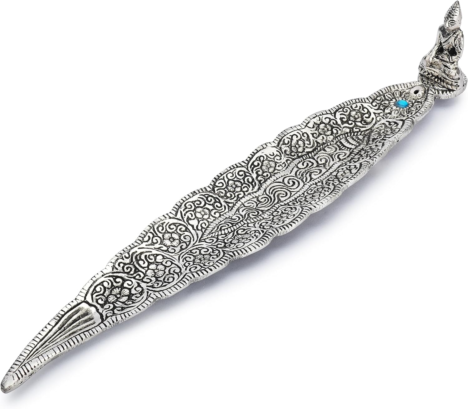 Ajuny Quemador de incienso de aluminio con colector de cenizas, acabado plateado, estilo tibetano, soporte de incienso de 12.1 in, ideal para