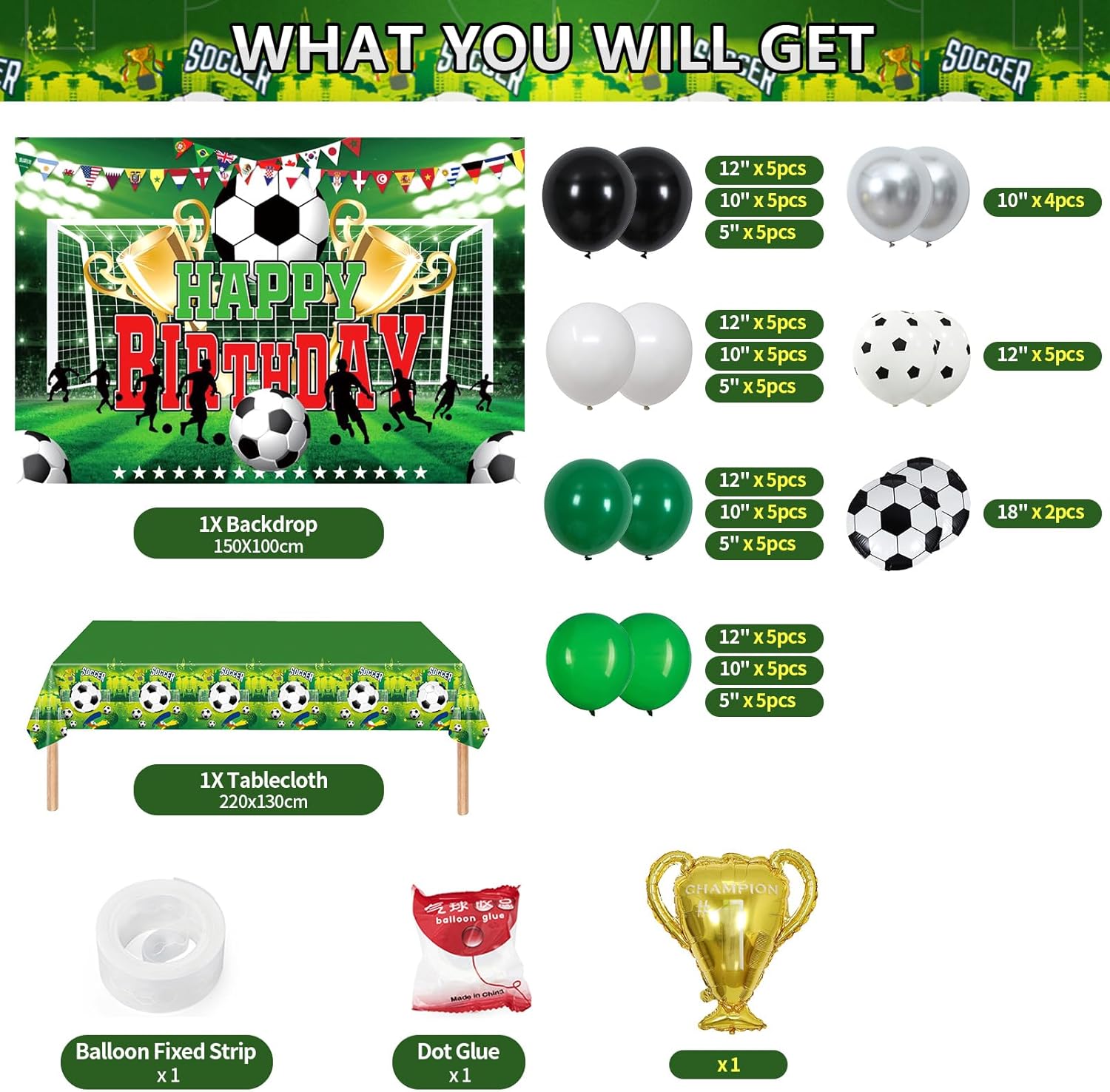 Decoraciones de fiesta de cumpleaños de fútbol para niños, 106 piezas de suministros de fiesta de cumpleaños de fútbol, incluyendo telón de fondo de