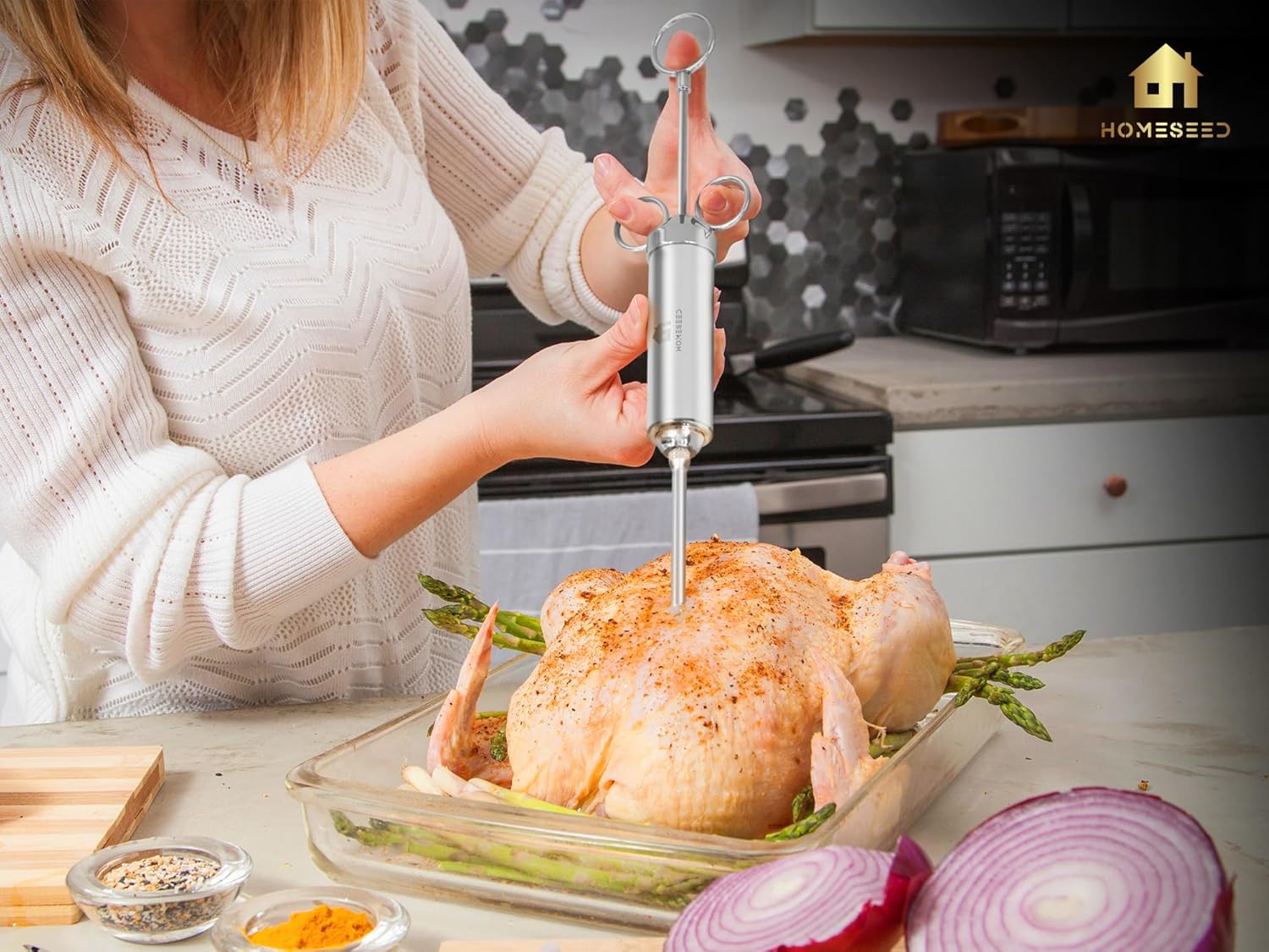 HOMESEED Inyector de carne – Inyector de adobo para ahumar y asar a la parrilla – Incluye 4 agujas de inyección y suministros de limpieza – Hecho de