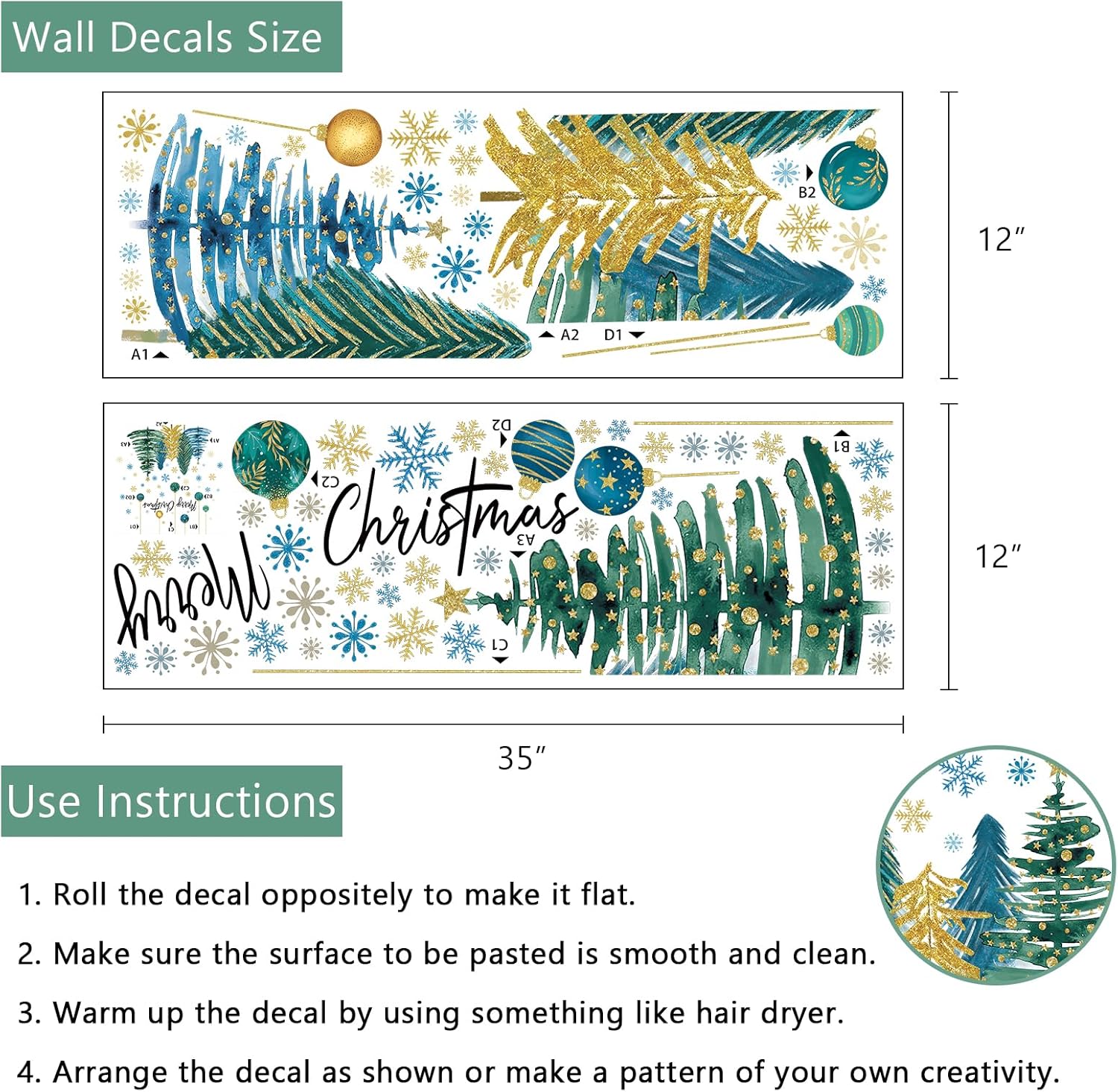 Yovkky Calcomanías de pared con diseño de árbol de Navidad, bola de Navidad de Año Nuevo, copo de nieve, estrella, decoración de dormitorio,
