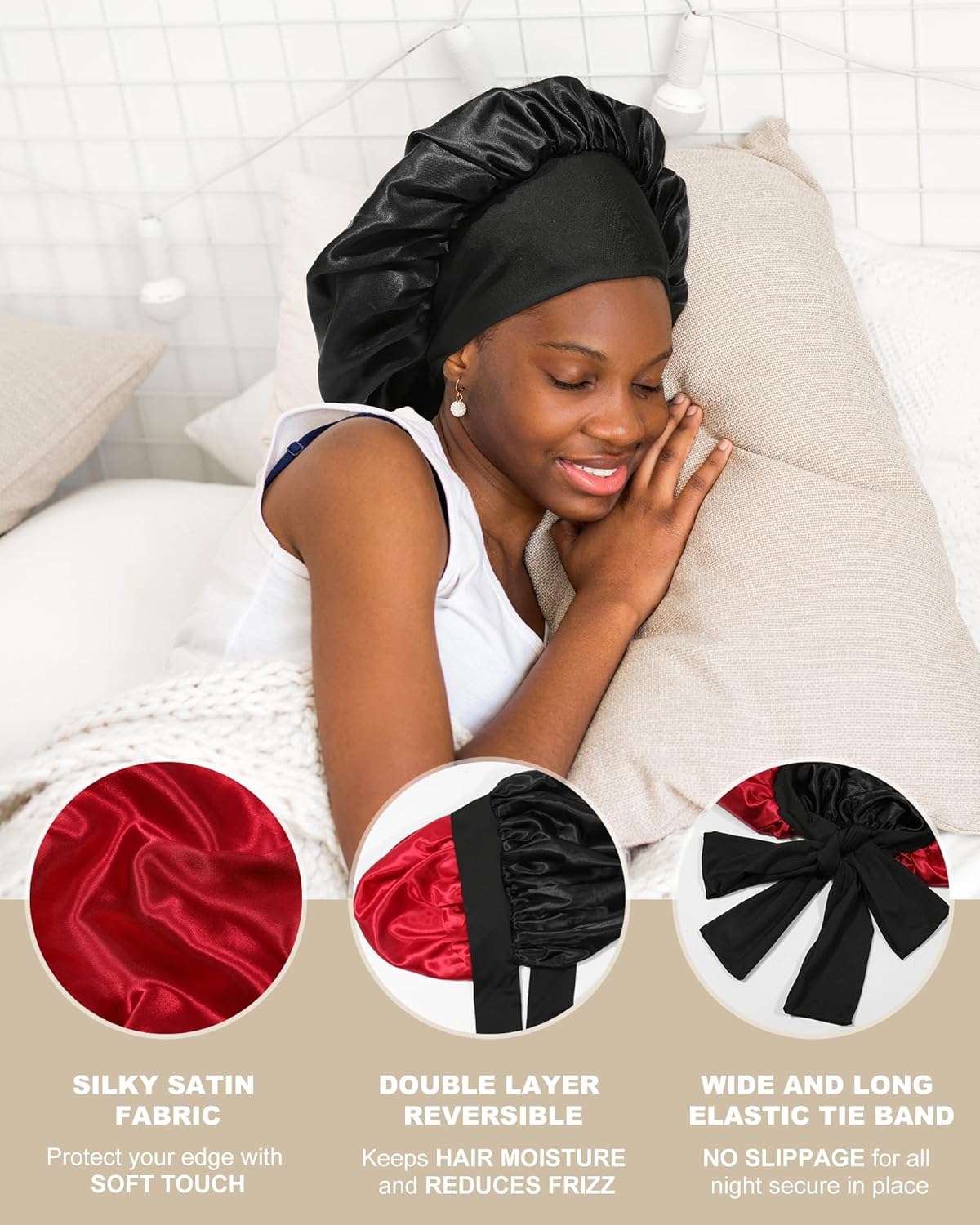 Gorro de satén para mujer, gorro de seda para dormir, gorro de pelo rizado con banda de corbata, doble capa para dormir, envoltura para el cabello