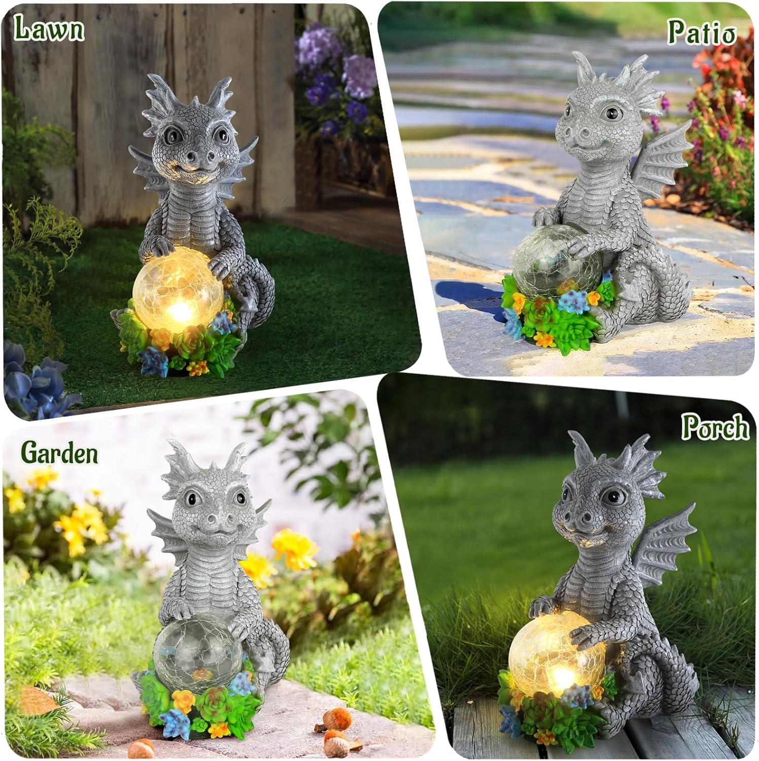 Estatuas solares de jardín al aire libre, dragón sosteniendo orbe mágico con luces LED solares, decoración de césped al aire libre para patio,