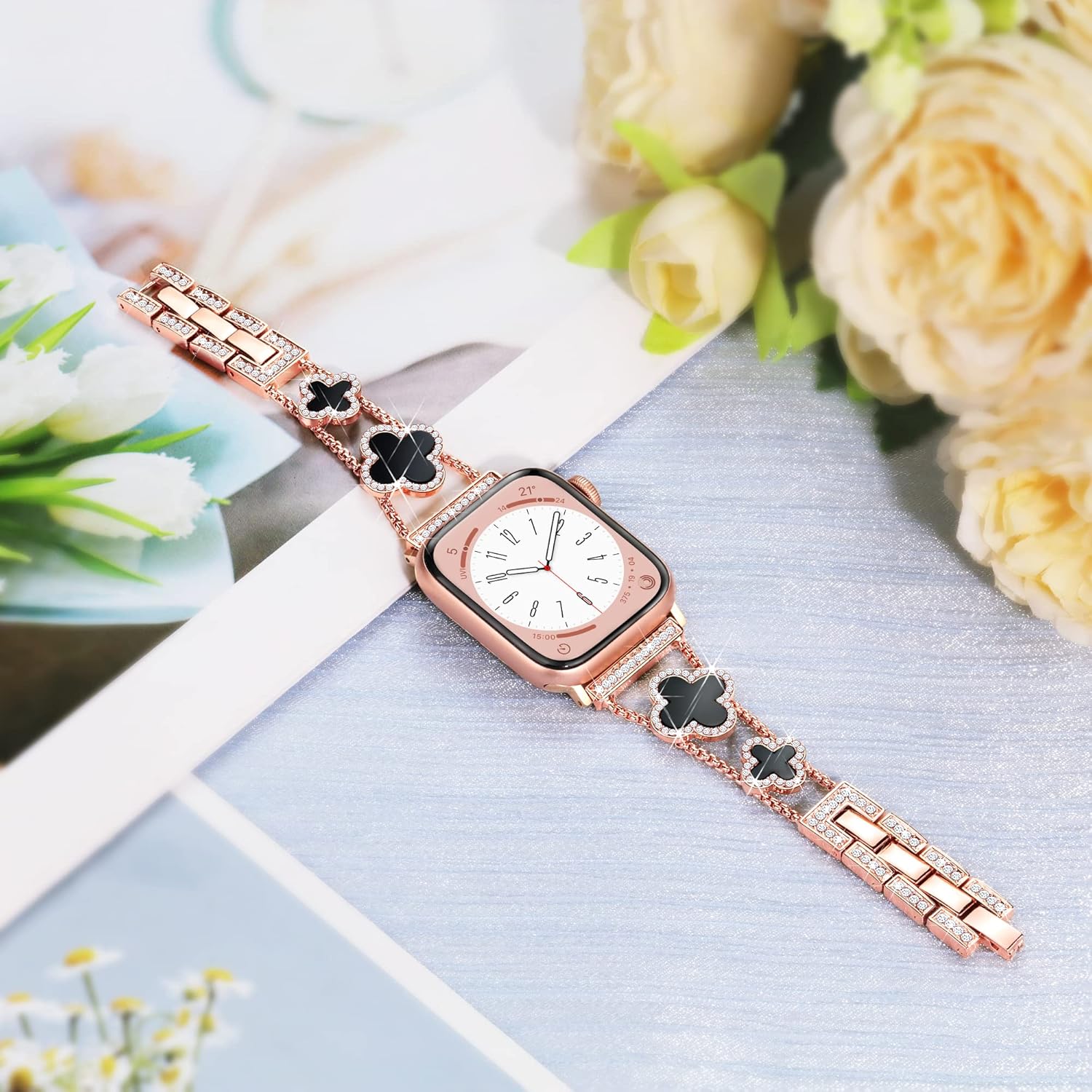 wipalor Correa de trébol para Apple Watch de 1.614, 1.575 y 1.496 pulgadas, para mujer, correas elegantes de metal para iWatch de 1.575 pulgadas