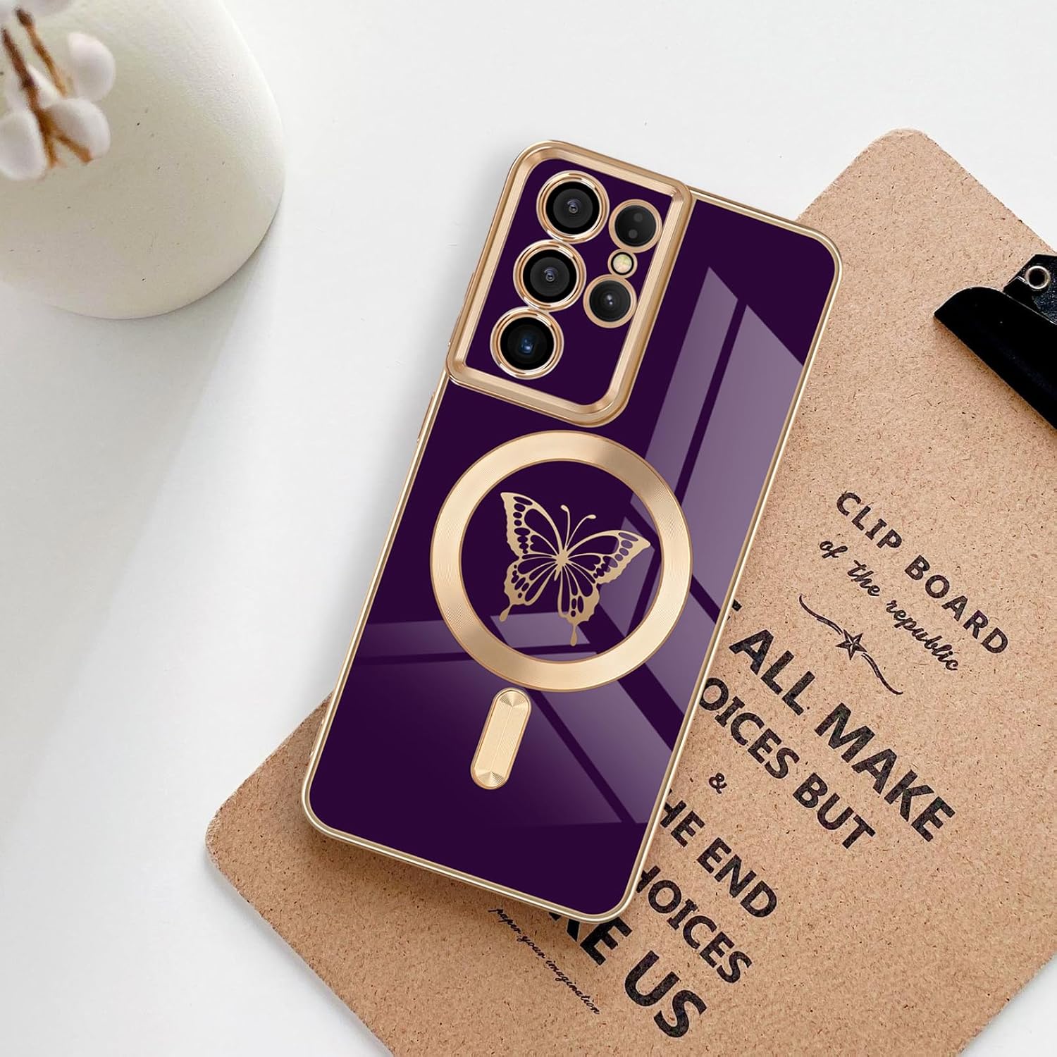 Funda magnética para Samsung Galaxy S21 Ultra 5G, bonita funda con borde chapado en mariposa con MagSafe para mujeres, niñas y hombres, funda