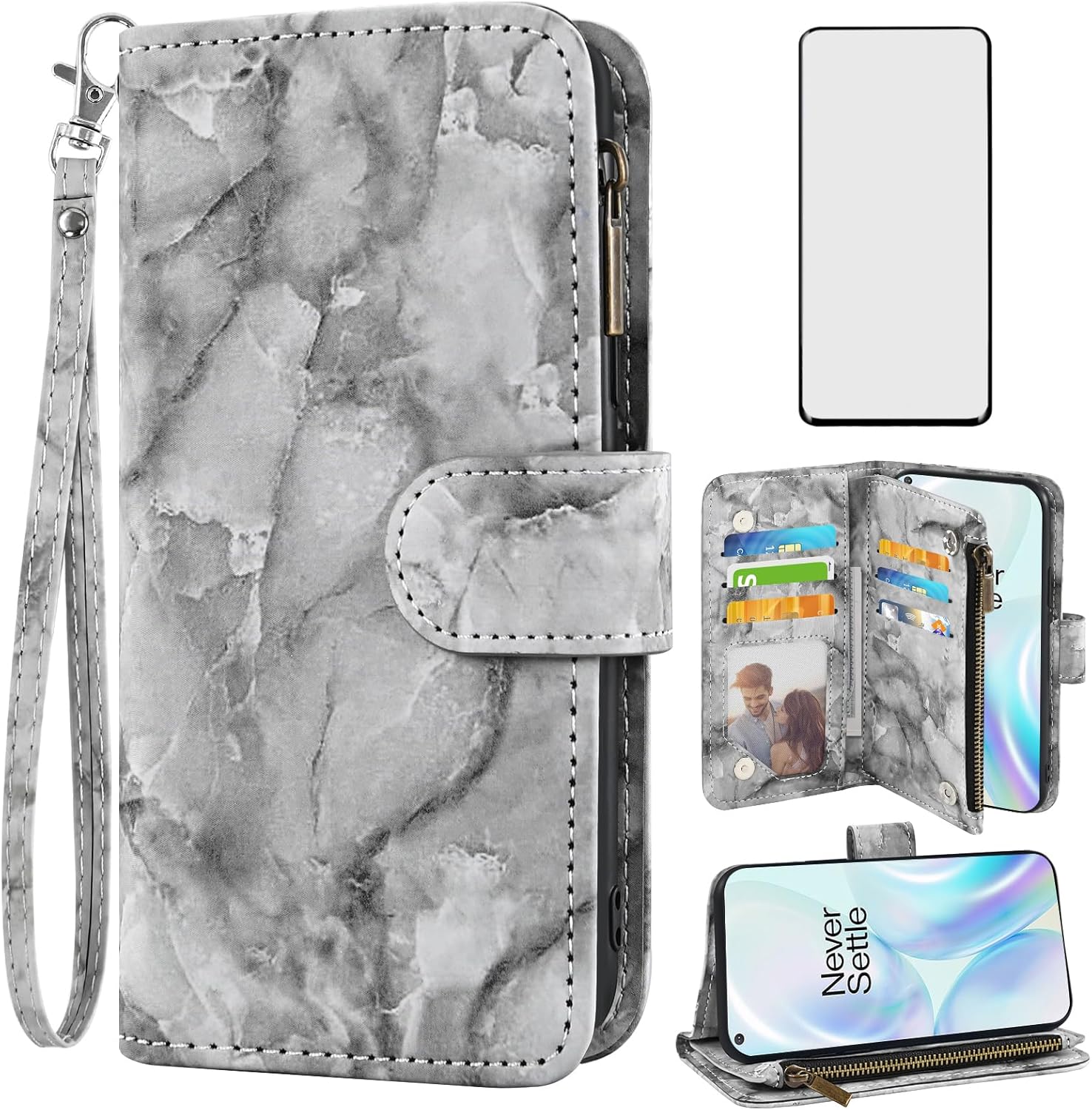 Asuwish Funda para teléfono OnePlus 8 OnePlus8 5G UW Tmobile Wallet Cell Cover con protector de pantalla de vidrio templado y soporte de tarjeta con