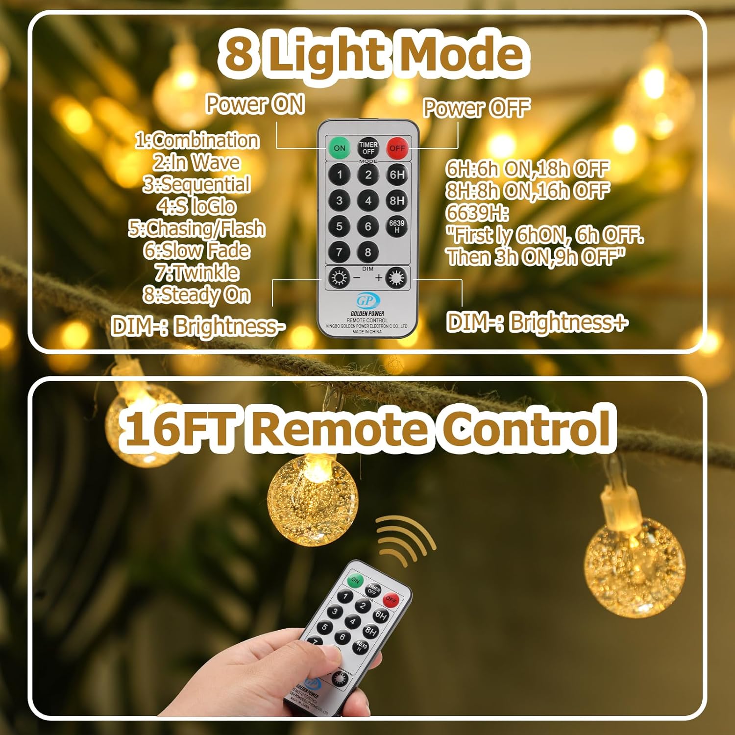 Guirnalda de luces para exteriores, 100 luces LED de 33 pies, globo de cristal, impermeables, luces para exteriores, estilo cordel, control remoto,