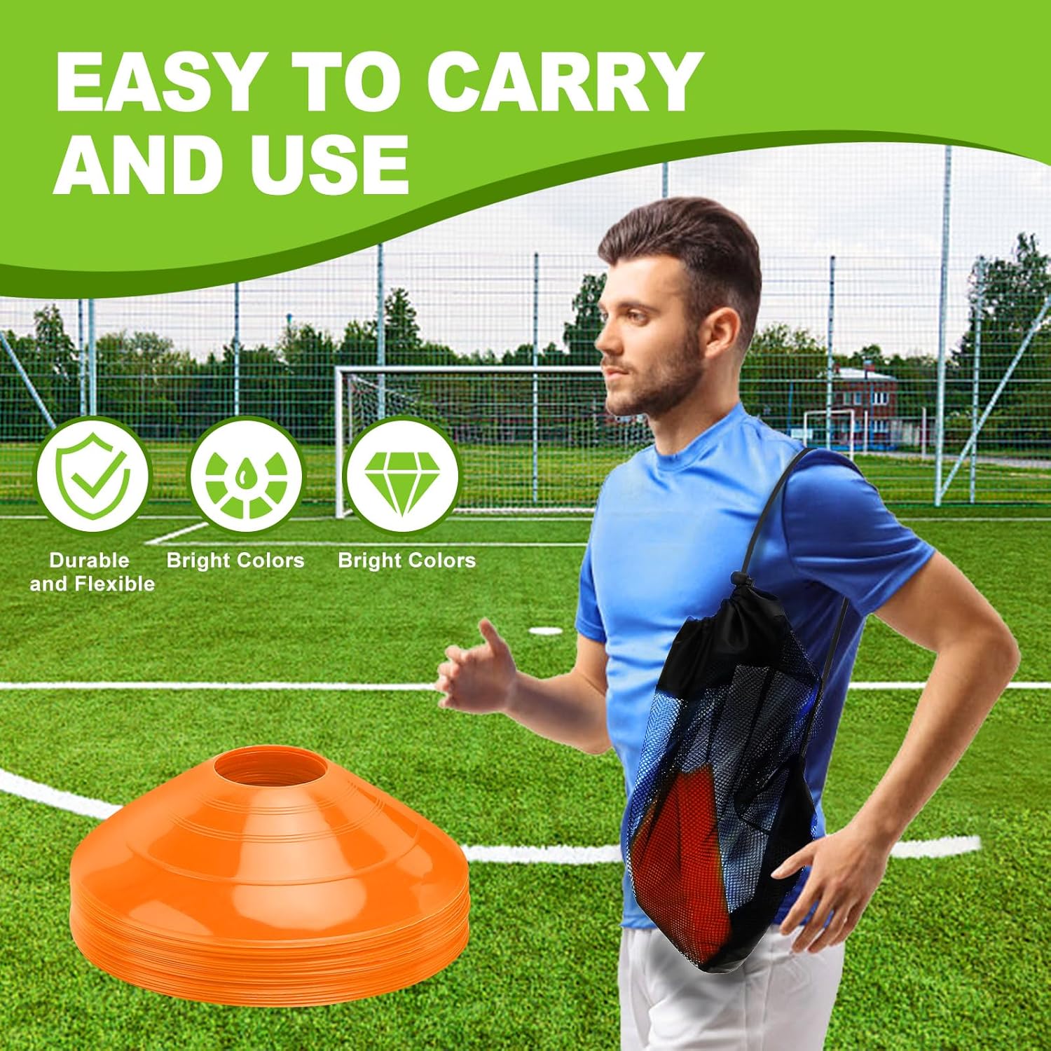 Juego de 25 conos de fútbol de agilidad con bolsa de transporte y para conos de fútbol para entrenamiento, fútbol, baloncesto, entrenamiento, conos
