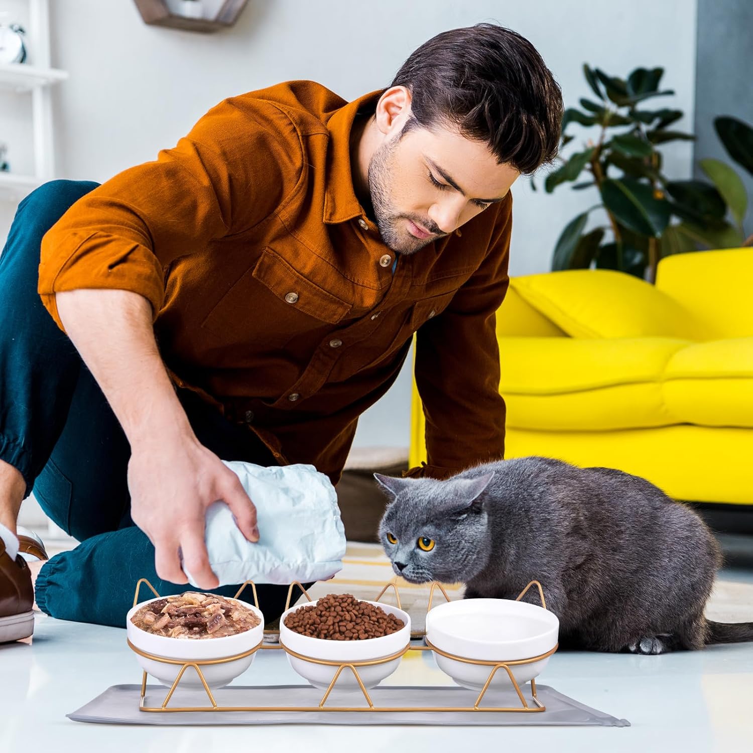 Trosetry Juego de 3 cuencos de cerámica elevados para gatos con alfombrilla de comida para mascotas, cuenco elevado de 15 inclinado para bebidas