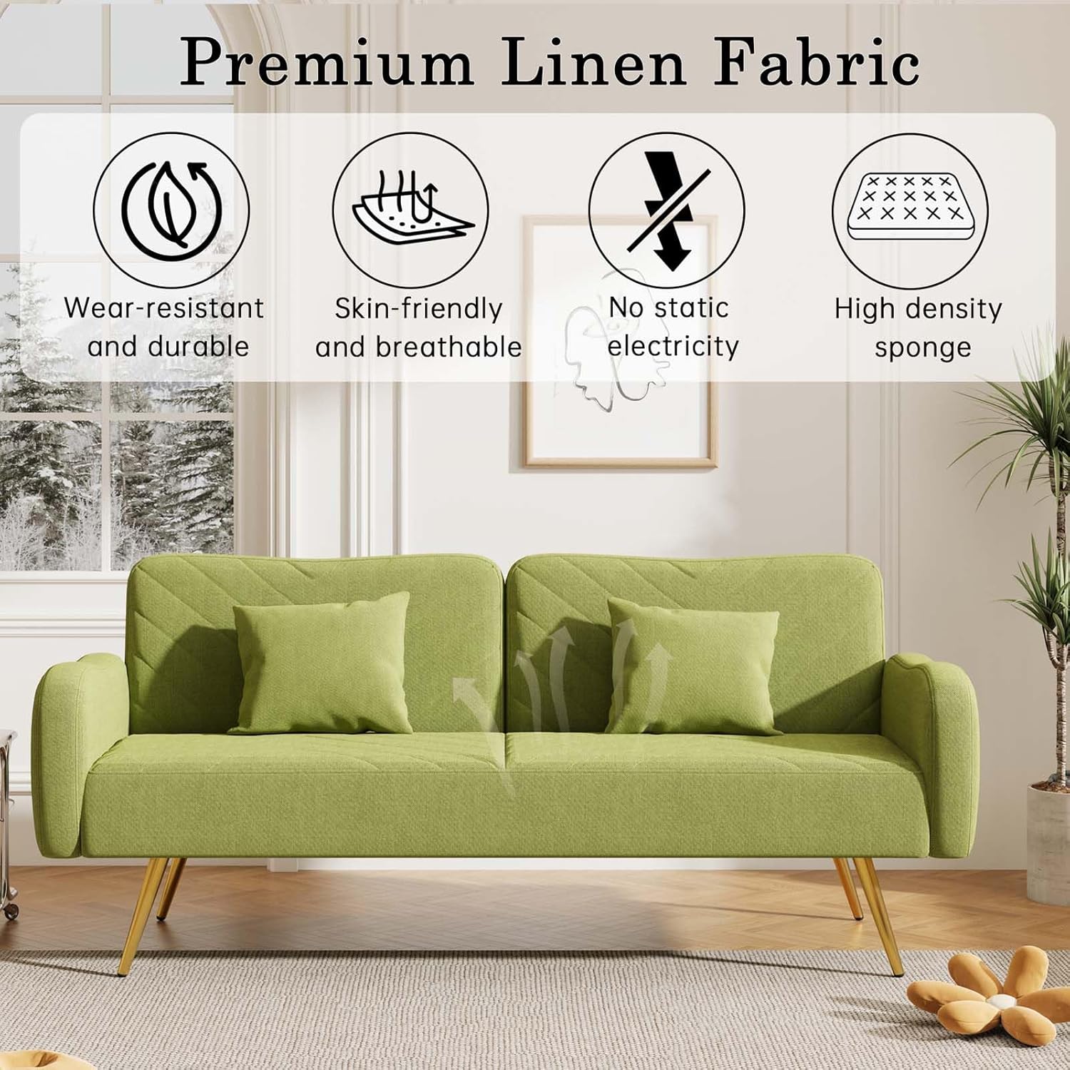 Moderno sofá cama futón con 2 almohadas, sofá cama convertible con 3 ángulos ajustables con respaldo dividido y patas de metal sólido para sala de