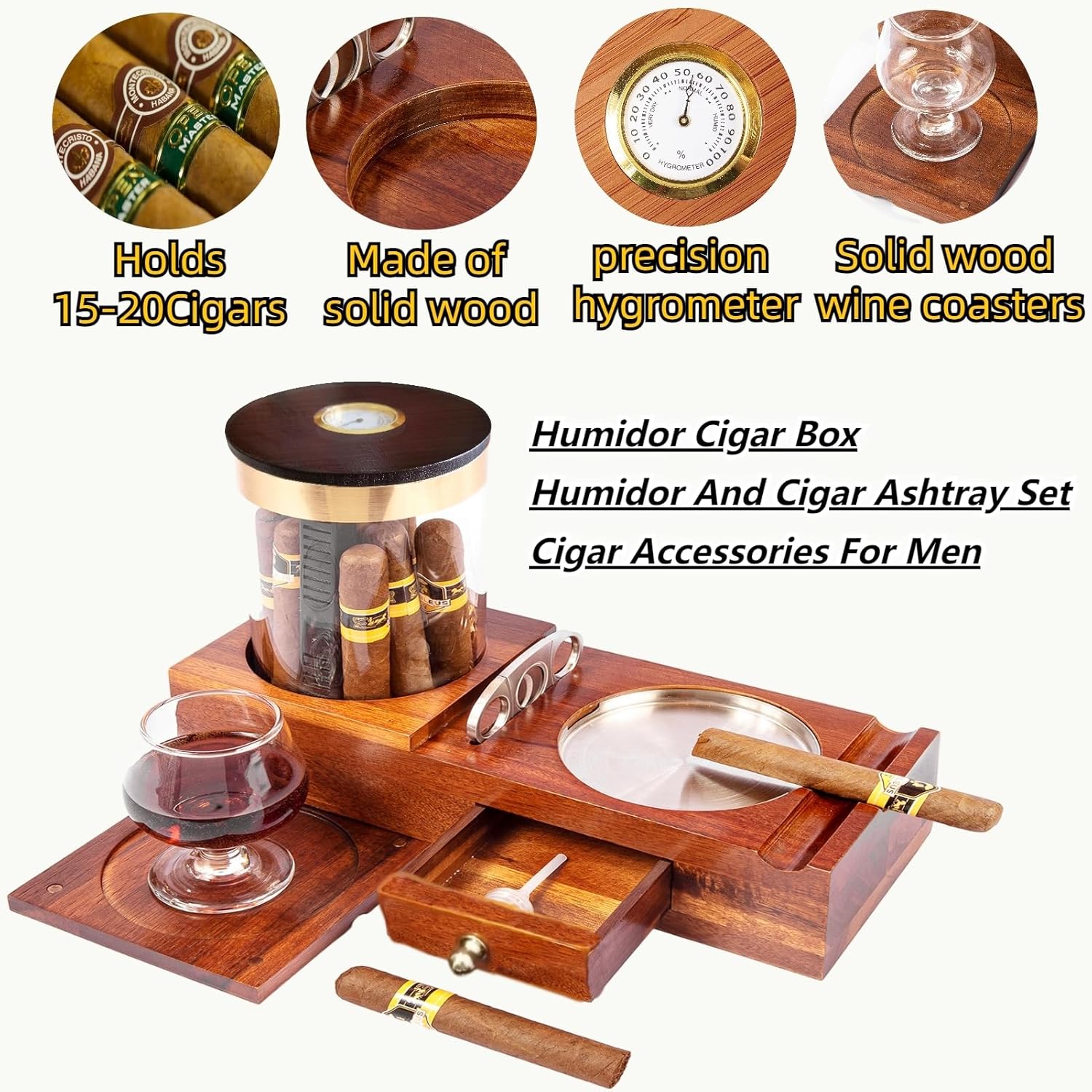 KING’S PALACE Humidor de cigarros y cenicero de cigarros con posavasos, humidificador, higrómetro, cortador de puros, cajón con anillos de tracción,
