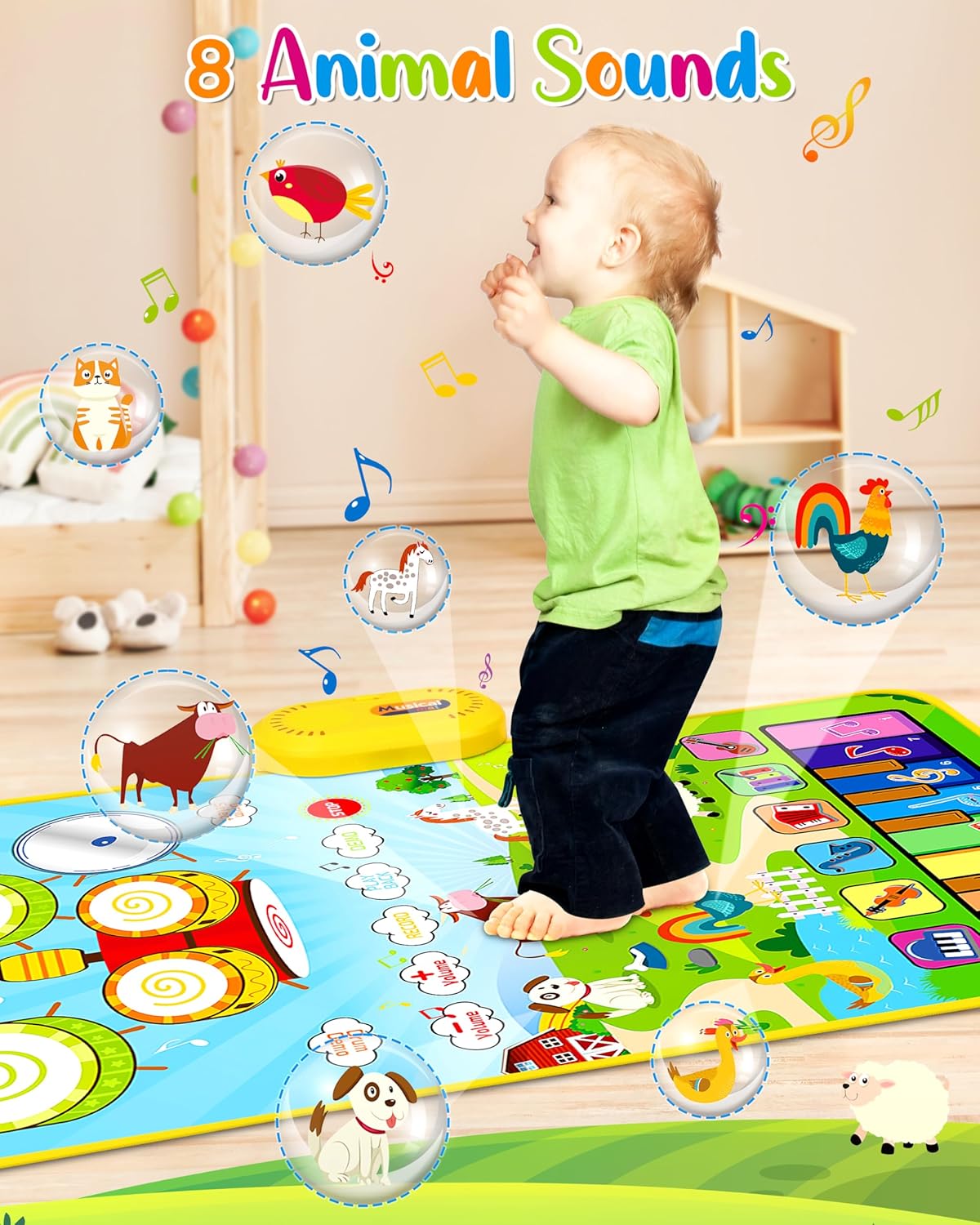 Vanmor Tapete musical para niños pequeños, juguetes musicales, teclado de piano y tapete de batería con 2 palos, manta de animales, almohadillas