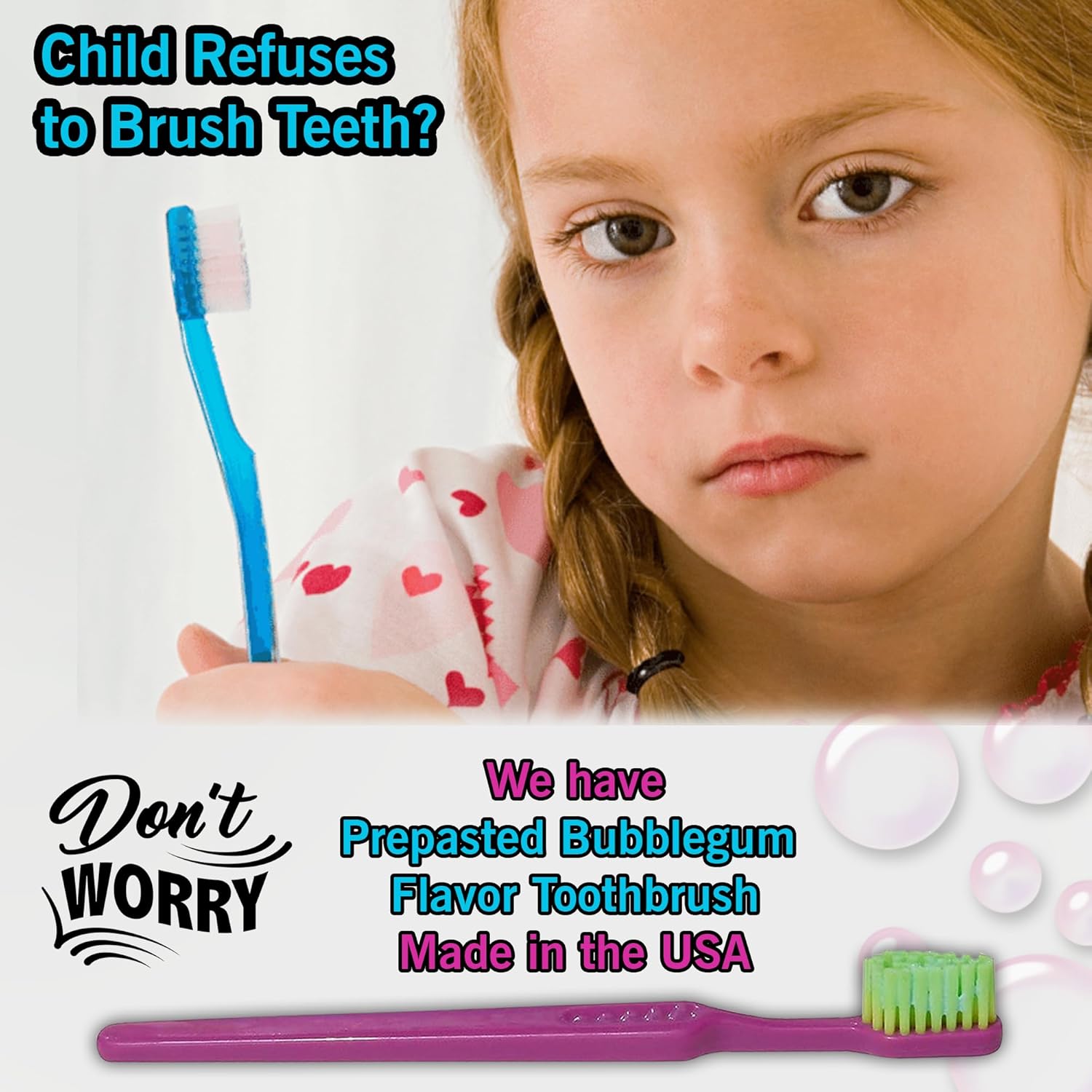 READYBRUSH JR 30 Cepillos de dientes reutilizables para niños prepegados con pasta de dientes sabor a goma de mascar en las cerdas, cepillos de