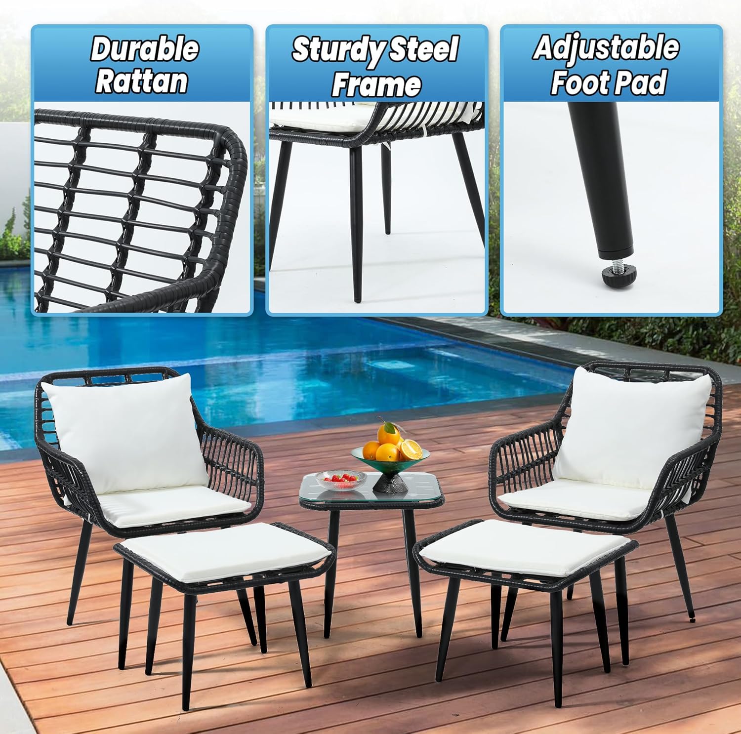 KROFEM Juego de sillas y mesa de mimbre para exteriores, 5 piezas con otomana para porche, balcón, terraza, patio, patio trasero, color negro