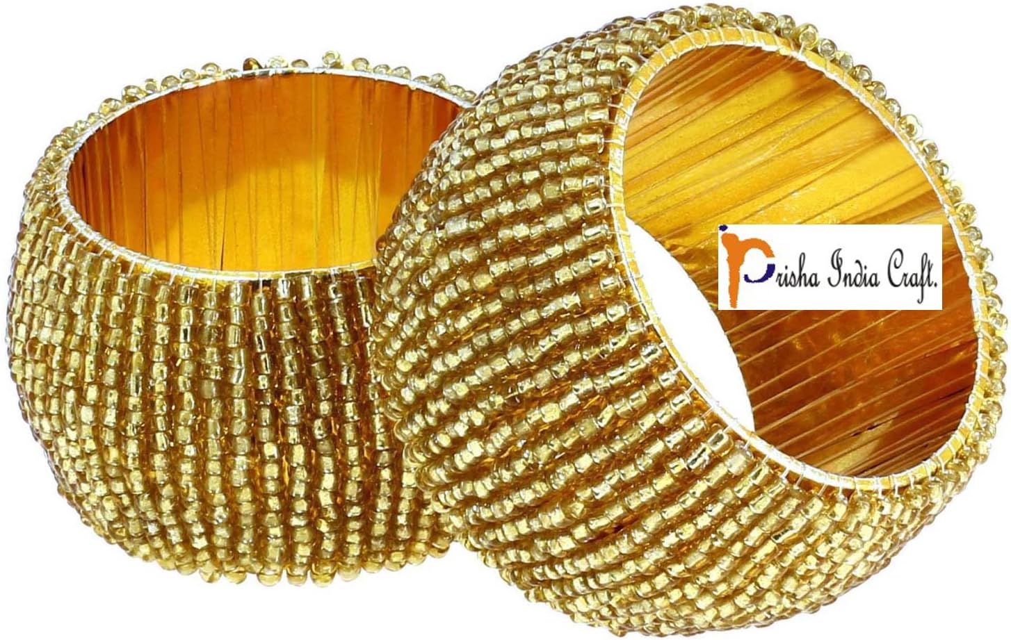 Prisha India Craft  Juego de 6 servilleteros con cuentas, adornos dorados de Navidad, perfectos para cenas, fiestas, bodas, hechos a mano en la
