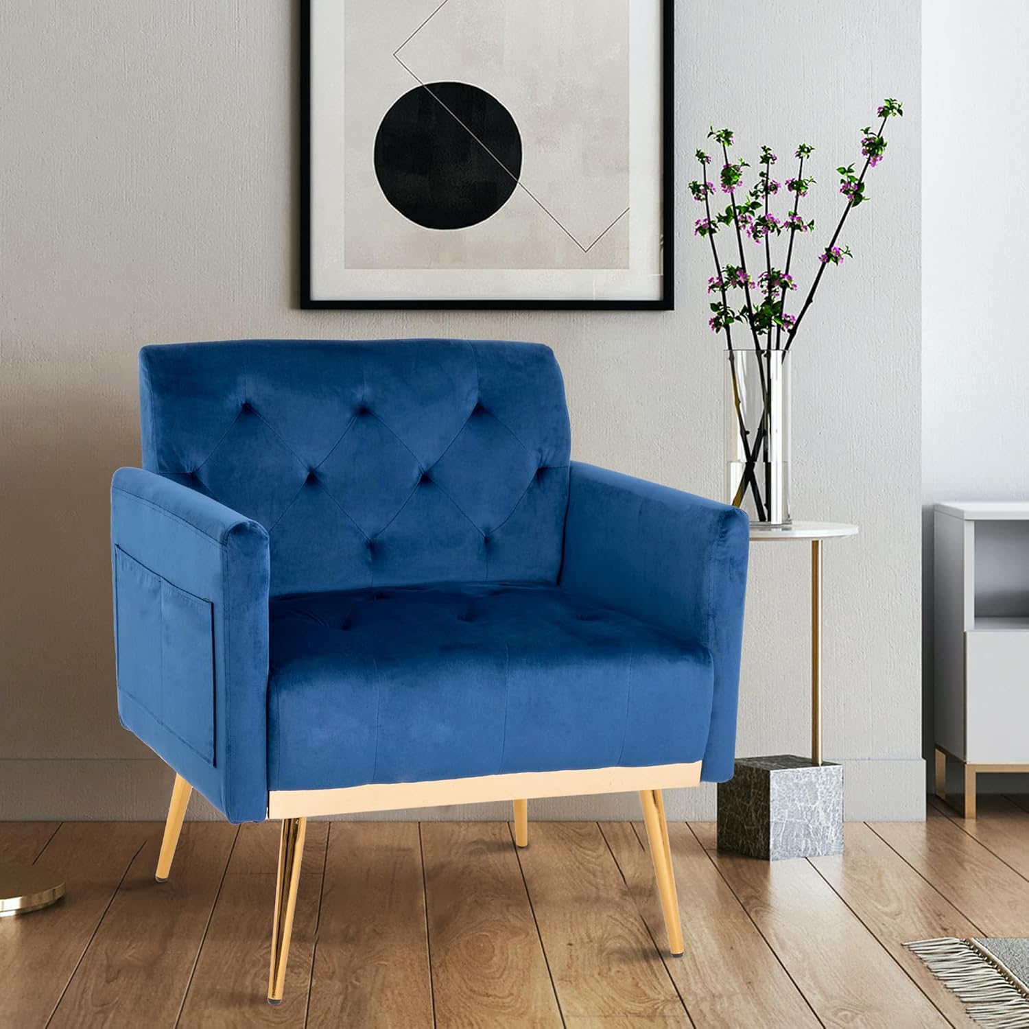 Silla decorativa de terciopelo con patas de metal dorado, silla de lectura moderna de mediados de siglo con bolsillo lateral, cómodo sillón