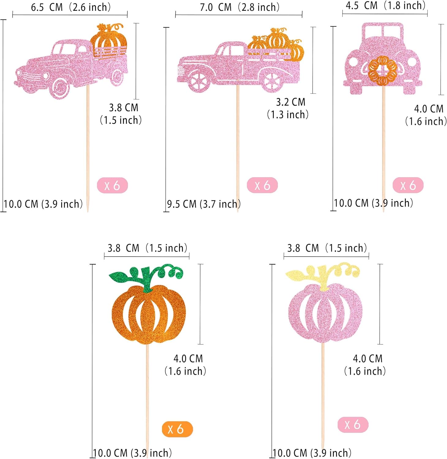 30 piezas de decoración de calabaza para cupcakes de camión de doble cara con purpurina rosa para automóvil, para cosecha, calabaza, tema de Acción