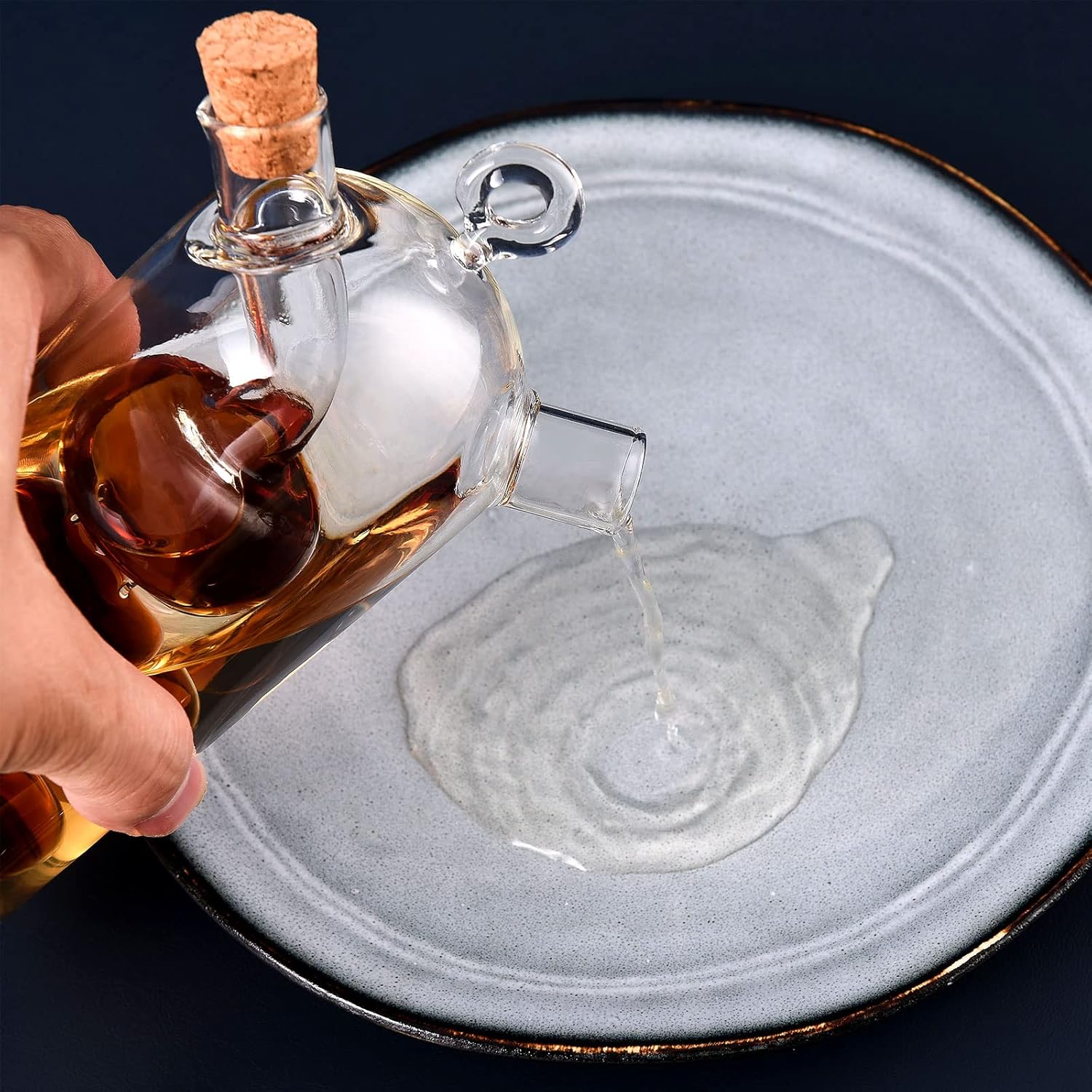 Dispensador de aceite y vinagre 2 en 1, suministros de cocina multifuncionales, botella de aceite de oliva de vidrio con tapones de corcho, botella