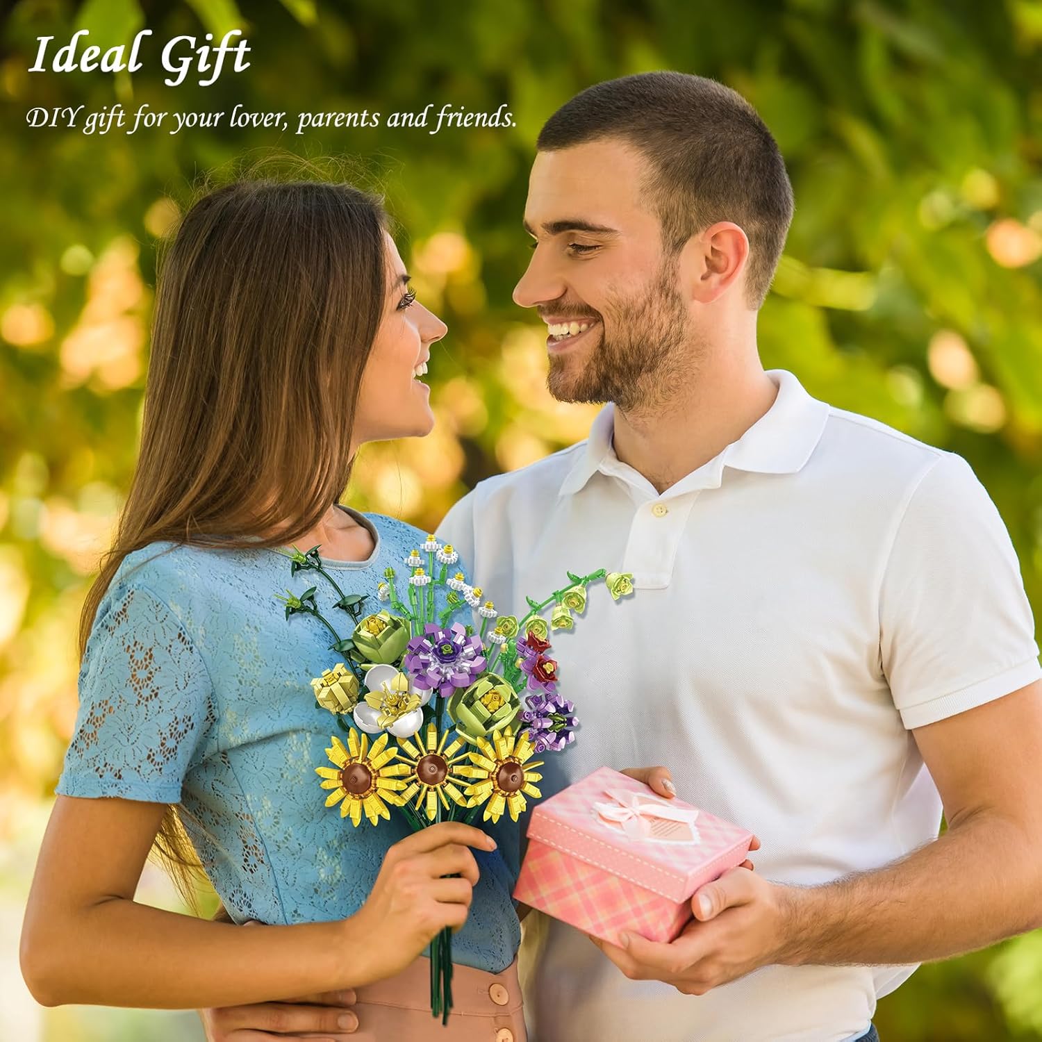 Juegos de construcción de ramo de flores, 15 flores artificiales con jarrón, regalos creativos de Navidad (820 piezas)