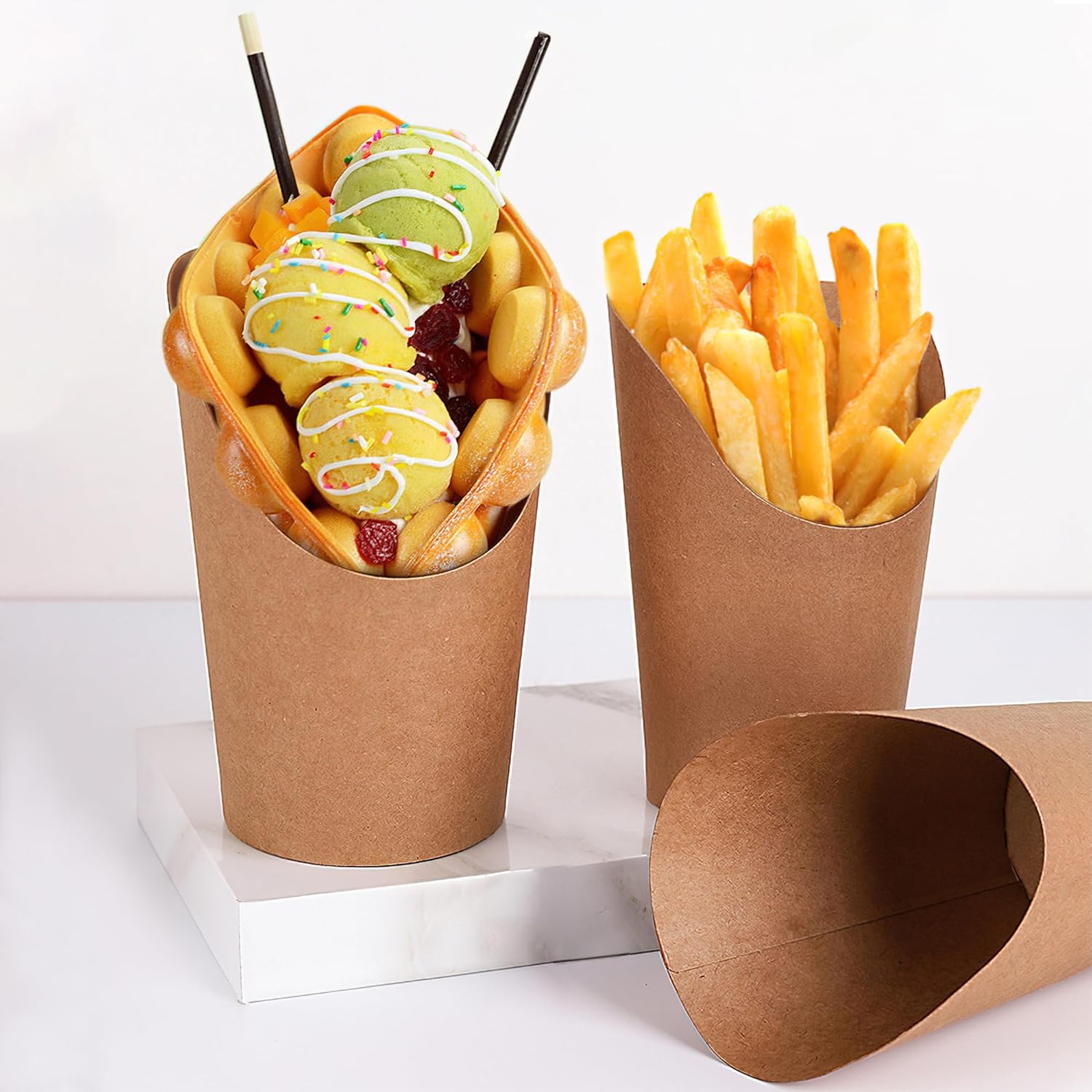 MOLFUJ Soporte para papas fritas de 14 onzas, 50 tazas de papel kraft de papel de estraza desechables, mini cajas de servir de fiesta marrón para
