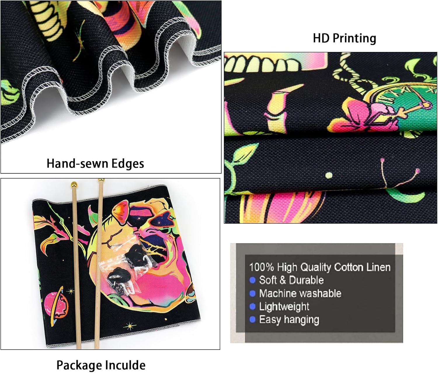 Leofanger Paquete de 2 tapices verticales de calavera negra con luz negra, tapiz de sol y luna, tapiz de flores de mariposa y mariposa negra, tapiz
