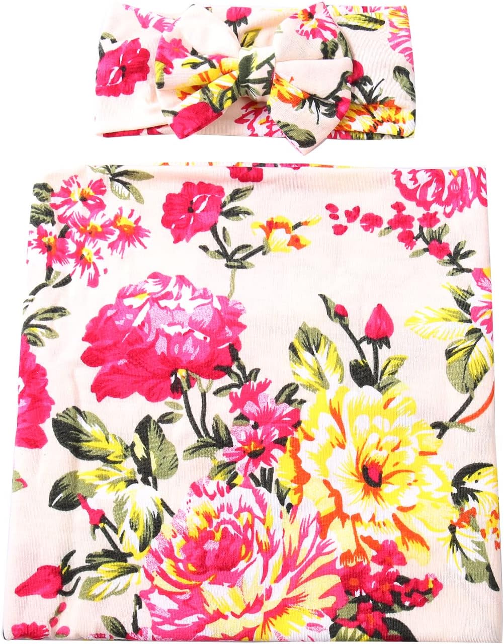 Galabloomer Conjunto de diadema para recién nacido, con estampado de flores, manta para envolver al bebé (flor marfil)