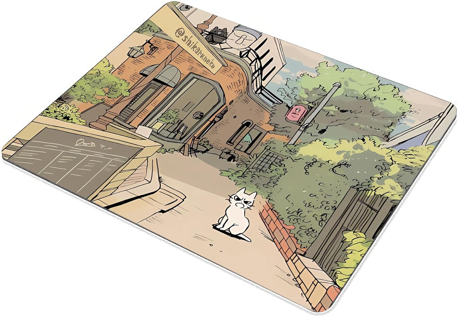 Alfombrilla de mouse kawaii con diseño de gato de anime marrón pastel y verde, alfombrilla de mouse cuadrada impermeable para juegos para
