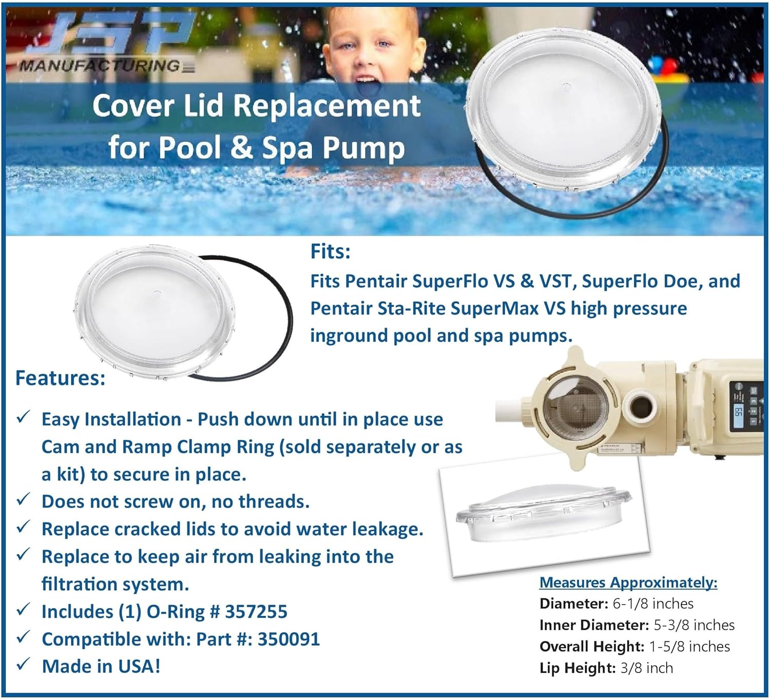 JSP Manufacturing Tapa de repuesto para bomba de piscina SuperFlo VS & VST, SuperFlo Doe, Sta-Rite SuperMax VS Bomba de piscinaspa enterrada