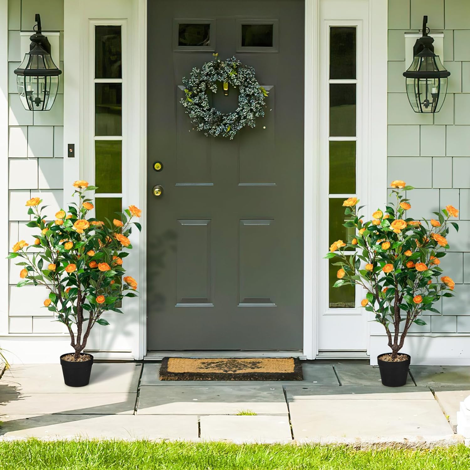 Paquete de 2 árboles artificiales de camelia de 40 pulgadas con flores falsas para decoración de interiores y exteriores