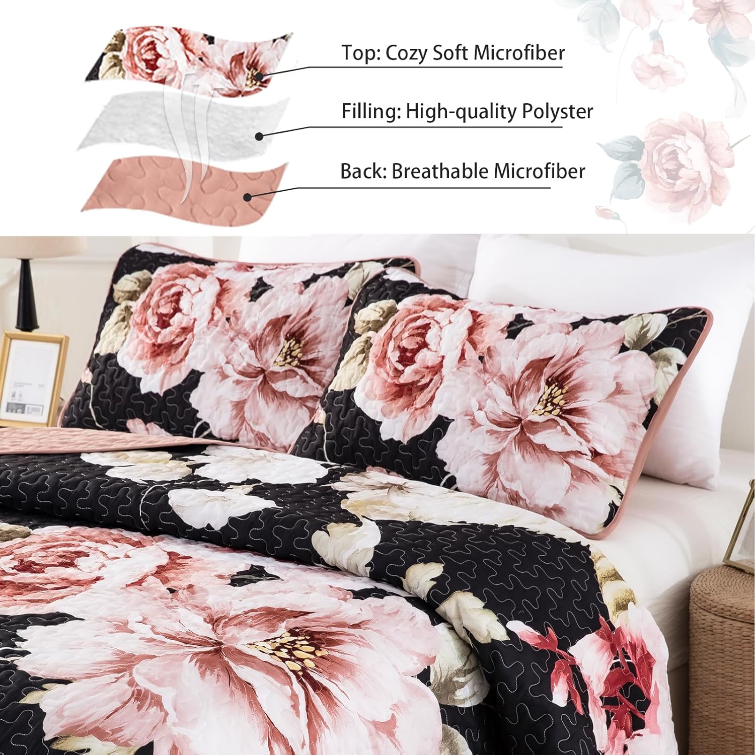 Dobuyly Juego de edredón floral negro tamaño King, 3 piezas de flores botánicas rosas impresas en negro, juego de ropa de cama de microfibra suave y