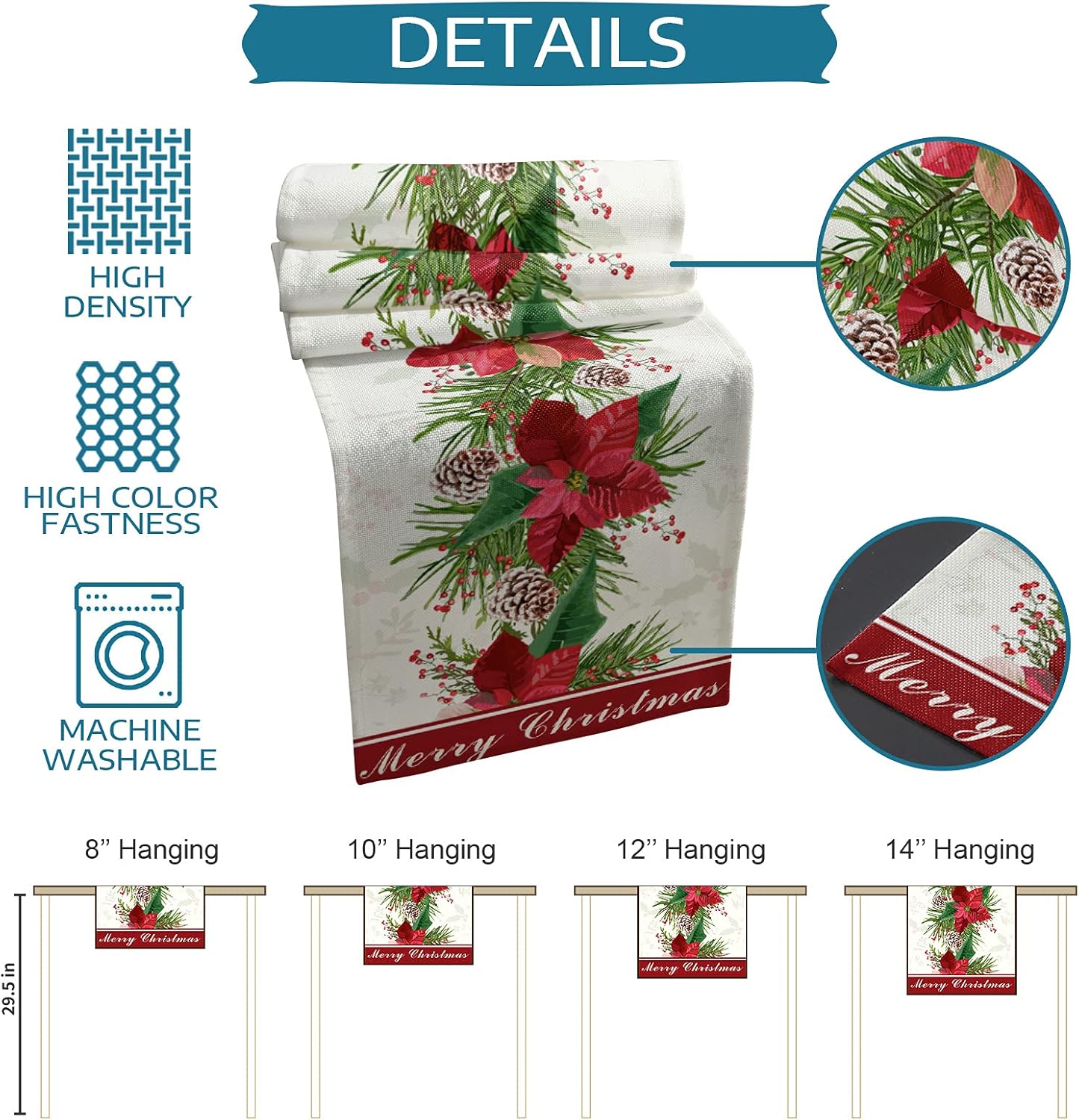 Camino de mesa floral de Pascua de Navidad de 90 pulgadas de largo, camino de mesa de café de comedor, bufandas, lavable, antideslizante, decoración