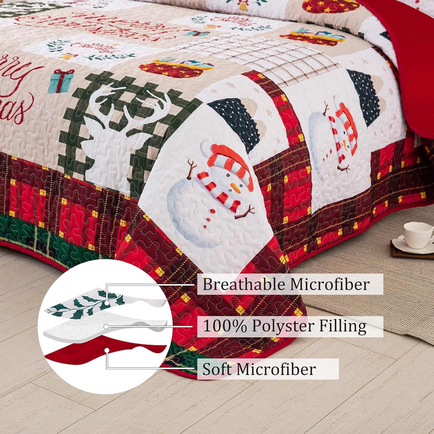 Juego de edredón de Navidad tamaño Queen, juego de ropa de cama acolchada con 2 fundas de almohada, diseño de muñeco de nieve, árbol de Navidad,