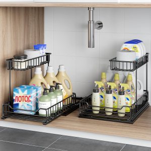 Orimade Organizador de 2 niveles para debajo del fregadero, organizador de gabinete extraÃble de metal, estantes de almacenamiento deslizables en Orimade Organizador de 2 niveles para debajo del fregadero, organizador de gabinete extraÃble de metal, estantes de almacenamiento deslizables en