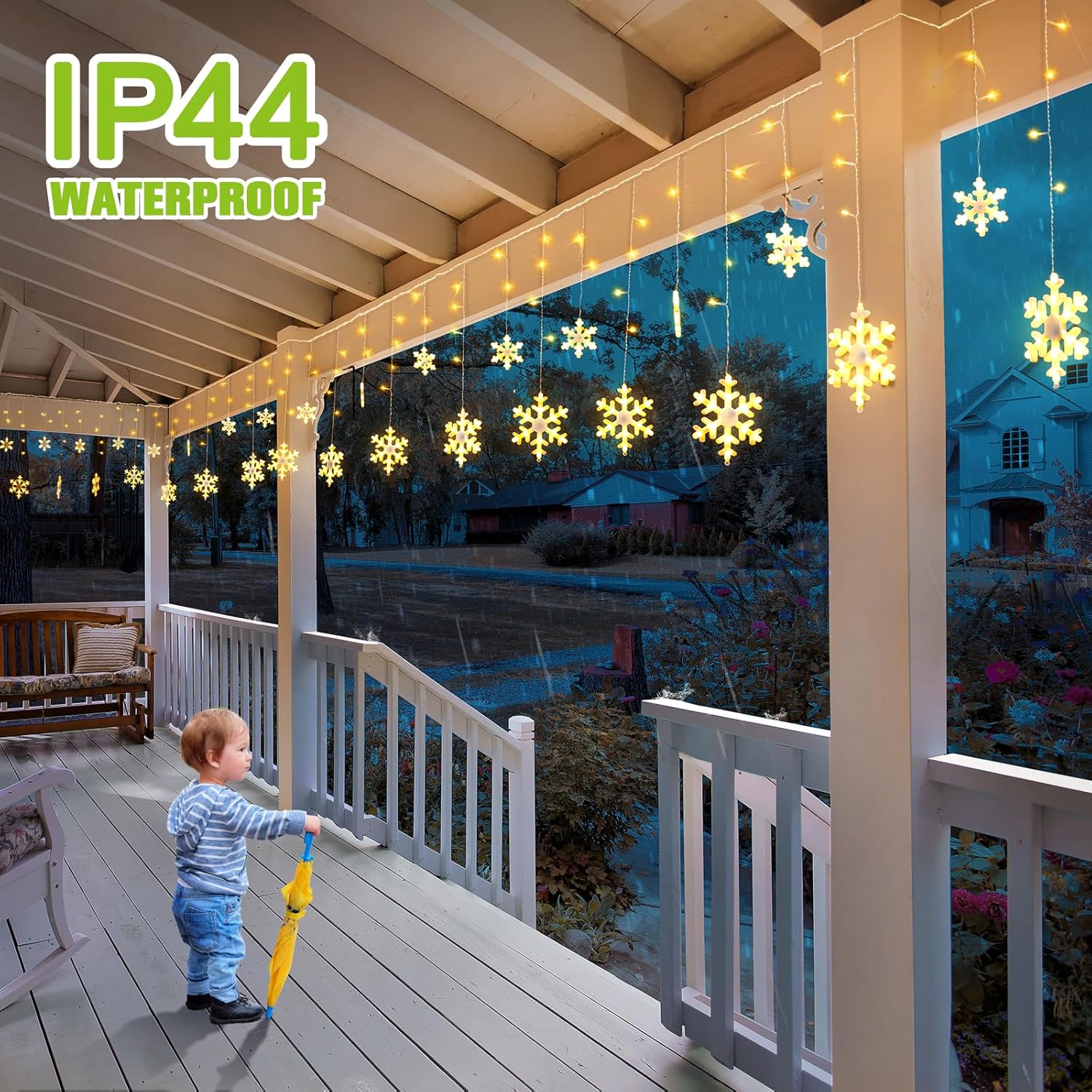 JOFIOS Luces de copo de nieve de Navidad, 11.48 pies, luces LED de Navidad con 14 gotas, luces de copo de nieve impermeables que emiten iluminación