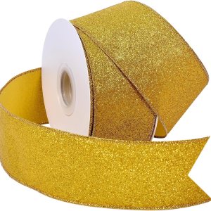 YAMA Cinta con alambre con purpurina, oro amarillo, 2-12 pulgadas x 20 yardas, para Navidad, envoltura de regalos, coronas, manualidades, arco y YAMA Cinta con alambre con purpurina, oro amarillo, 2-12 pulgadas x 20 yardas, para Navidad, envoltura de regalos, coronas, manualidades, arco y