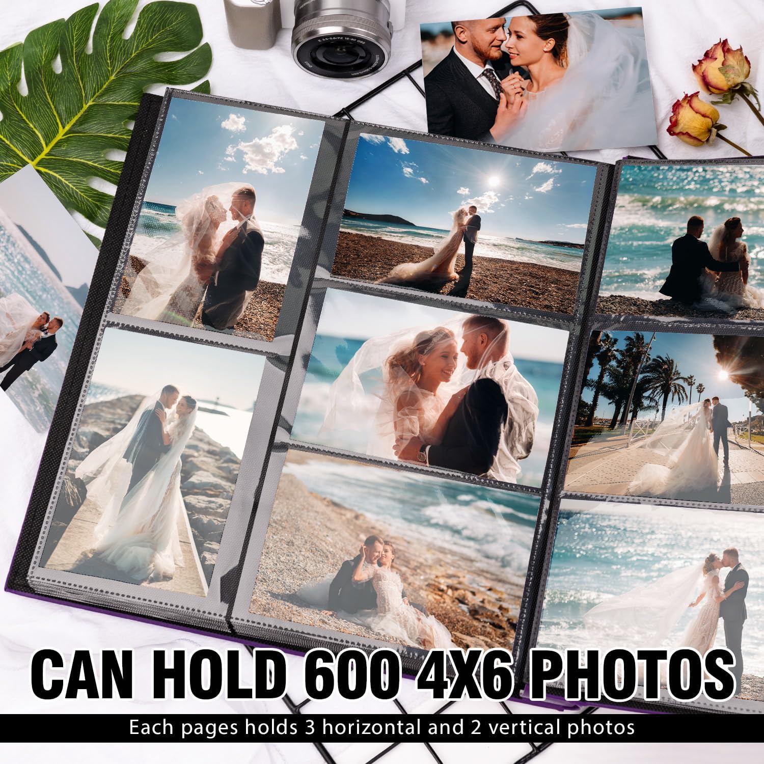 Álbum de fotos de 4 x 6 pulgadas, 600 fotos, cubierta de piel, capacidad extra grande, capacidad para 600 fotos horizontales y verticales de 4 x 6