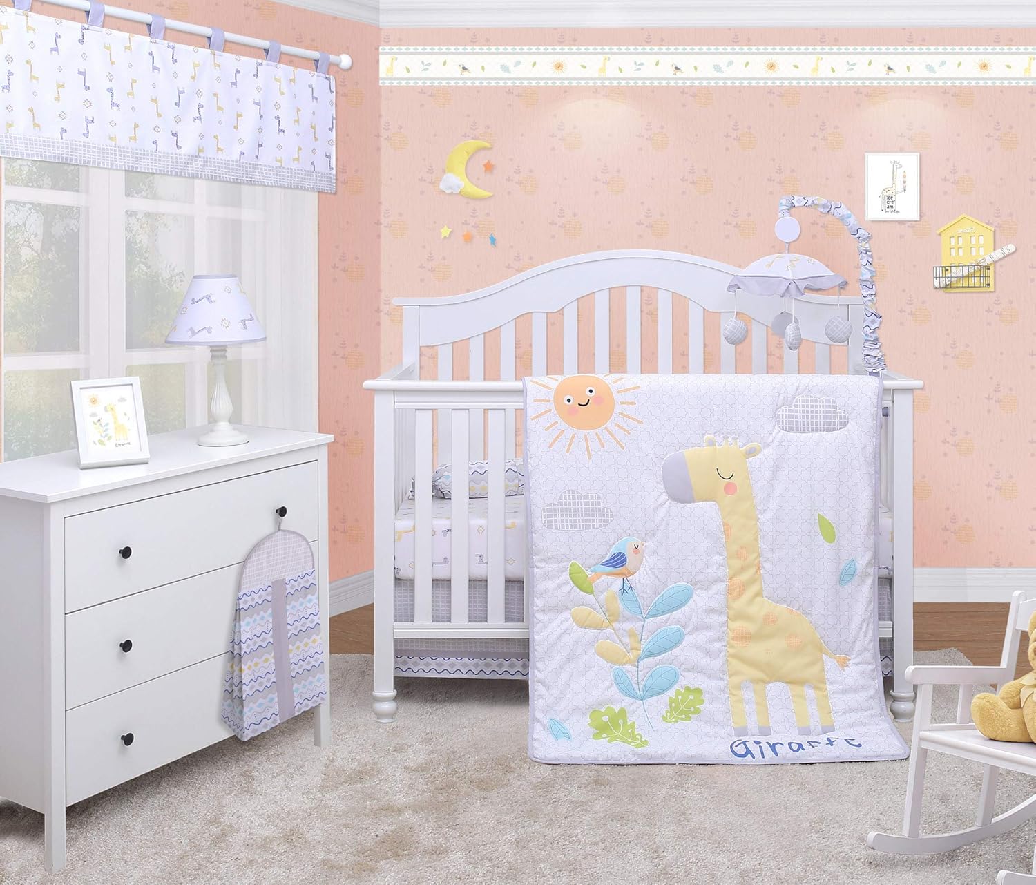 OptimaBaby Juego de ropa de cama para cuna de bebé de 6 piezas, colcha para cuna, falda, sábana bajera, cenefa de ventana, almohada decorativa,