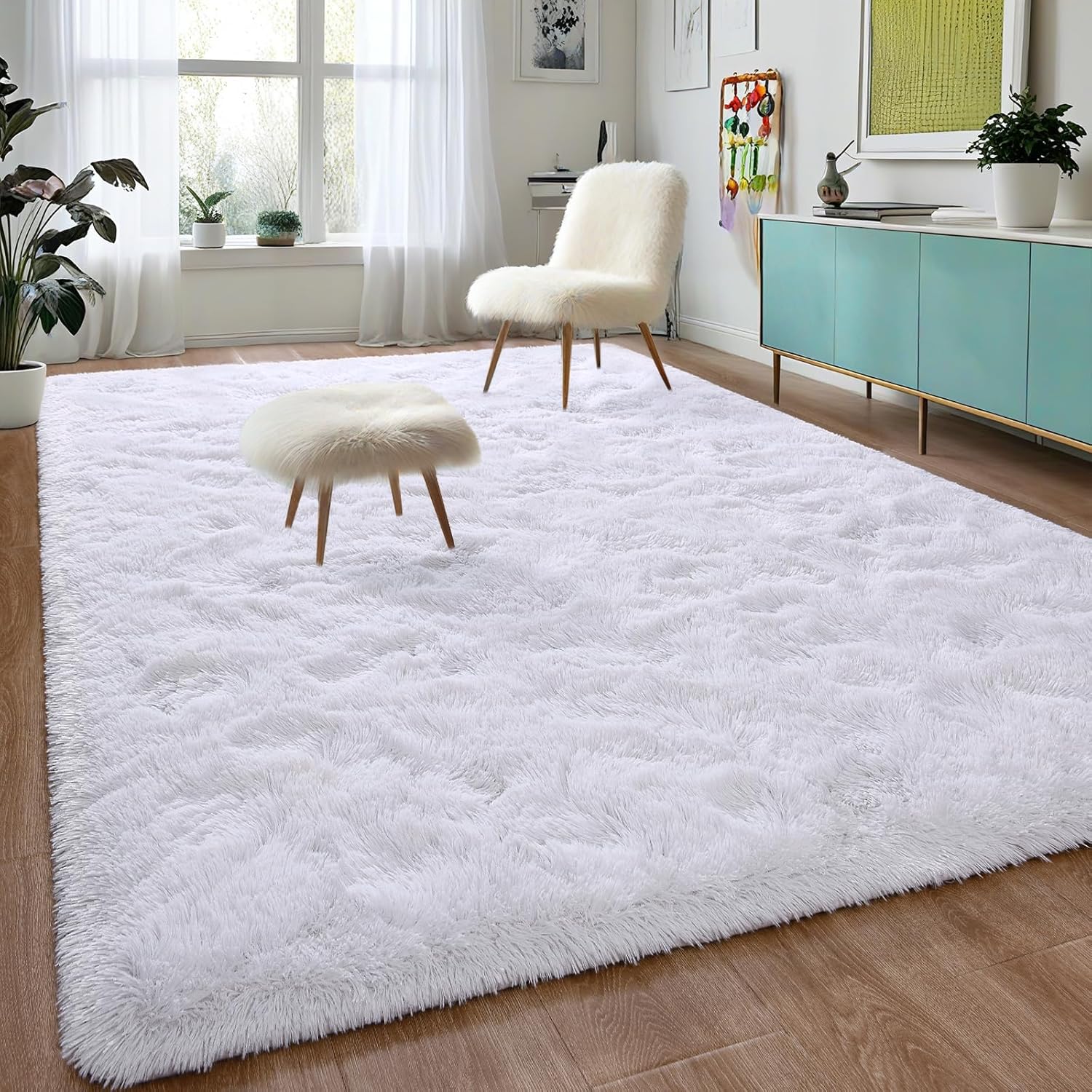 DweIke – Alfombra mullida y esponjosa de felpa blanca de 8 x 10 pies, para sala de estar, dormitorio, alfombras suaves para habitación de niños y