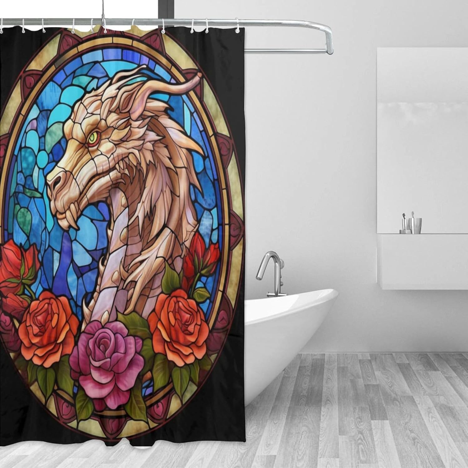 Juego de cortina de ducha de dragón para baño, diseño de hojas de flores, arte de vidrio, bohemio, tela abstracta de animales lindos, moderna,