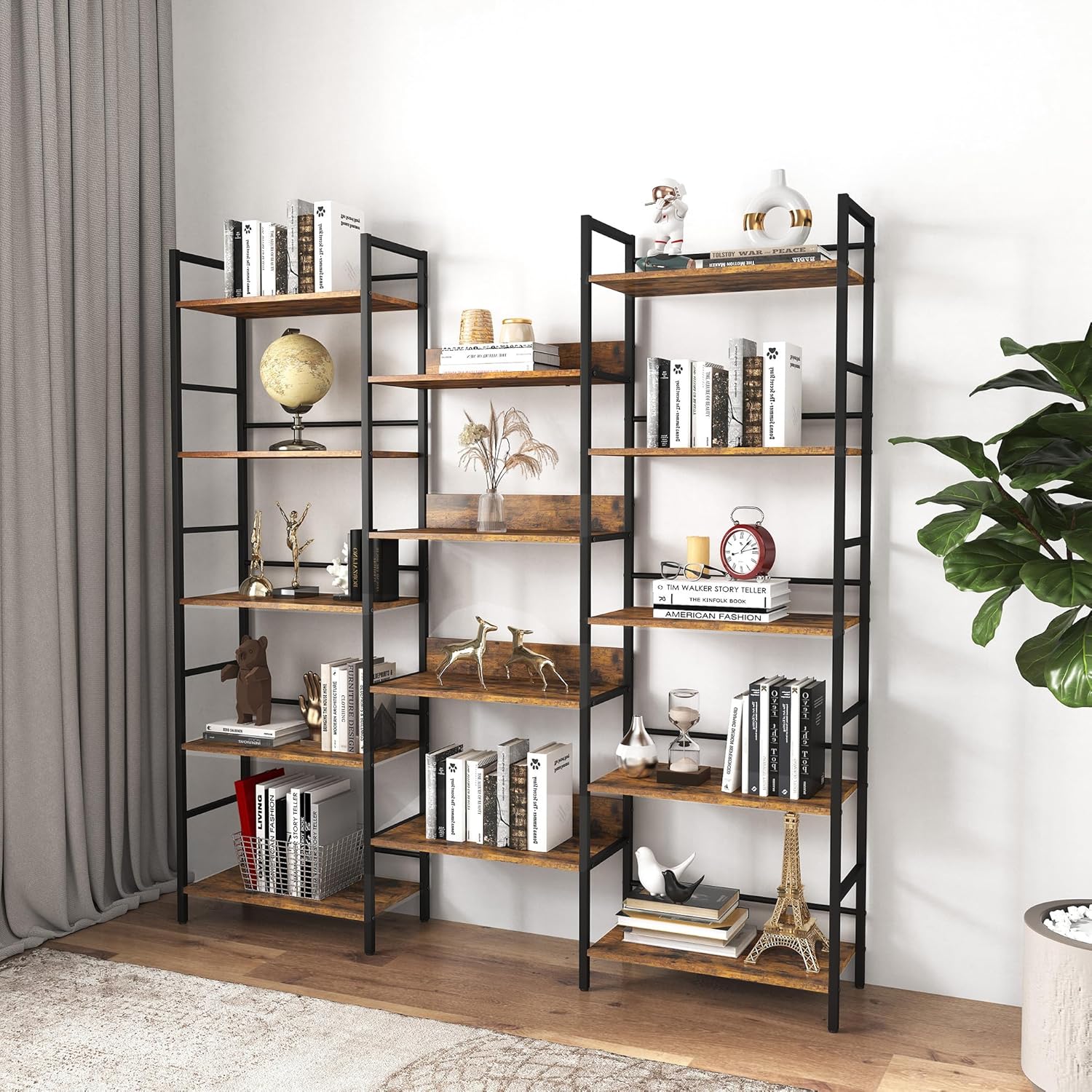 Libreros de 5 niveles para oficina en casa, estantes triples anchos de 70.1 pulgadas con deflectores, estantería grande con marco de metal, estante