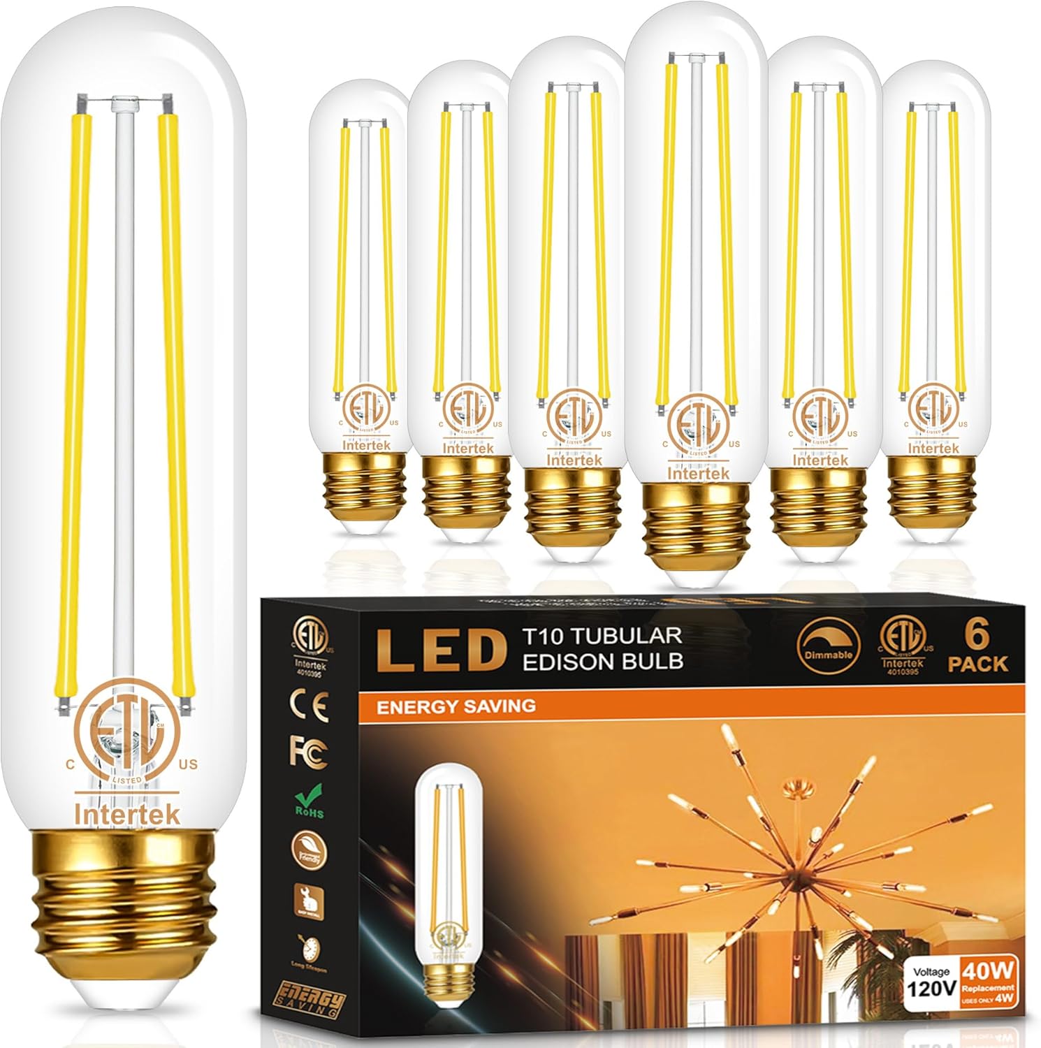 hansang Bombilla Edison E26, luz natural de 4000 K, bombilla LED T10 equivalente a 40 W, bombillas de filamento LED vintage, forma de vidrio