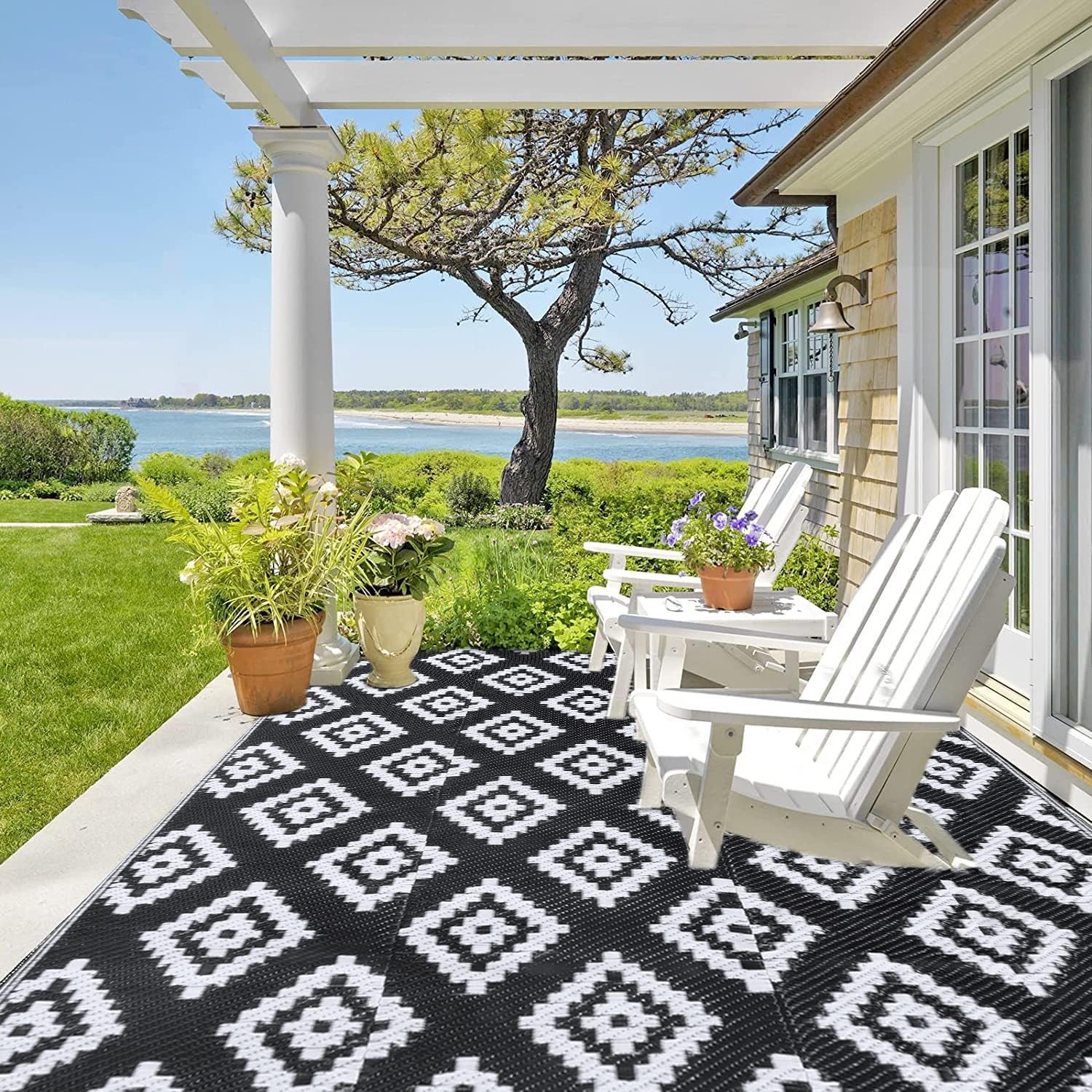 Bsmathom Alfombra de plástico reversible para patio, 9 x 12 pies, impermeable, reversible, para interiores y exteriores, para porche, jardín,