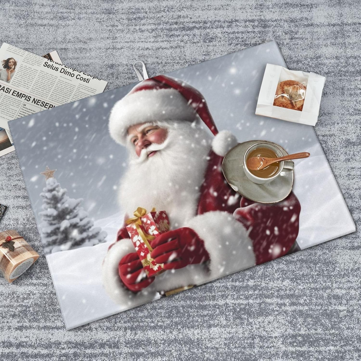 Tapete de secado de platos de Santa Claus Snow Secenry para encimera de cocina, almohadilla de secado de microfibra, absorbente para escurridor de