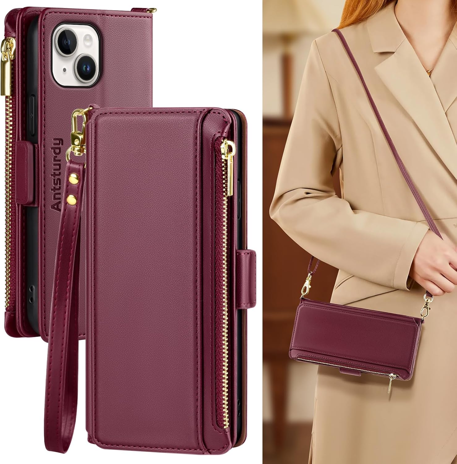 Antsturdy Funda tipo cartera compatible con iPhone 15 para mujer con bloqueo RFID, funda cruzada de piel sintética con cremallera y correa para la
